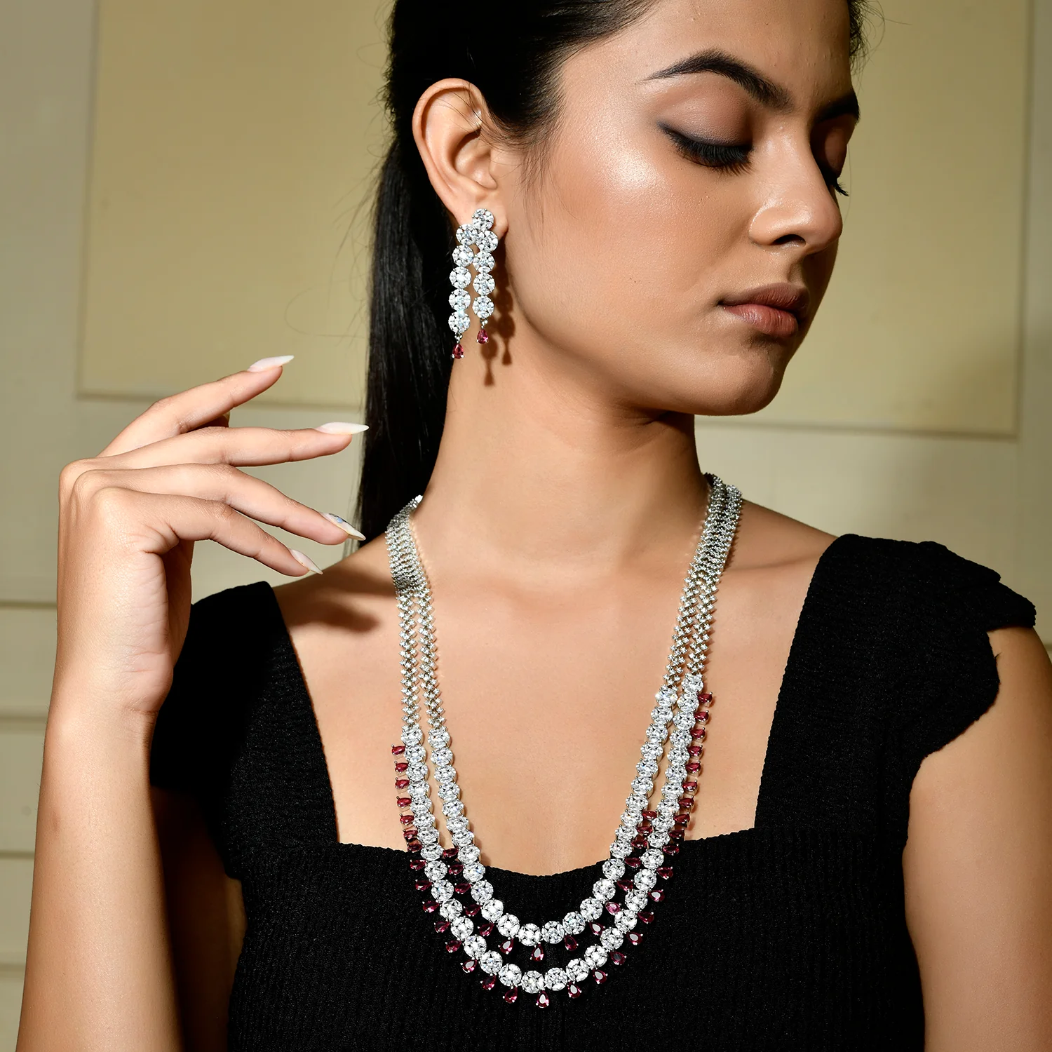 Sparkling Elegance Ruby Glimmer American Diamond Necklace Set - Image 2