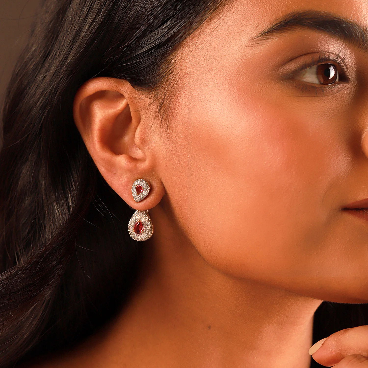 Sparkling Elegance Ruby Royal  Interchangeable American Diamond Jacket Earrings - Image 2
