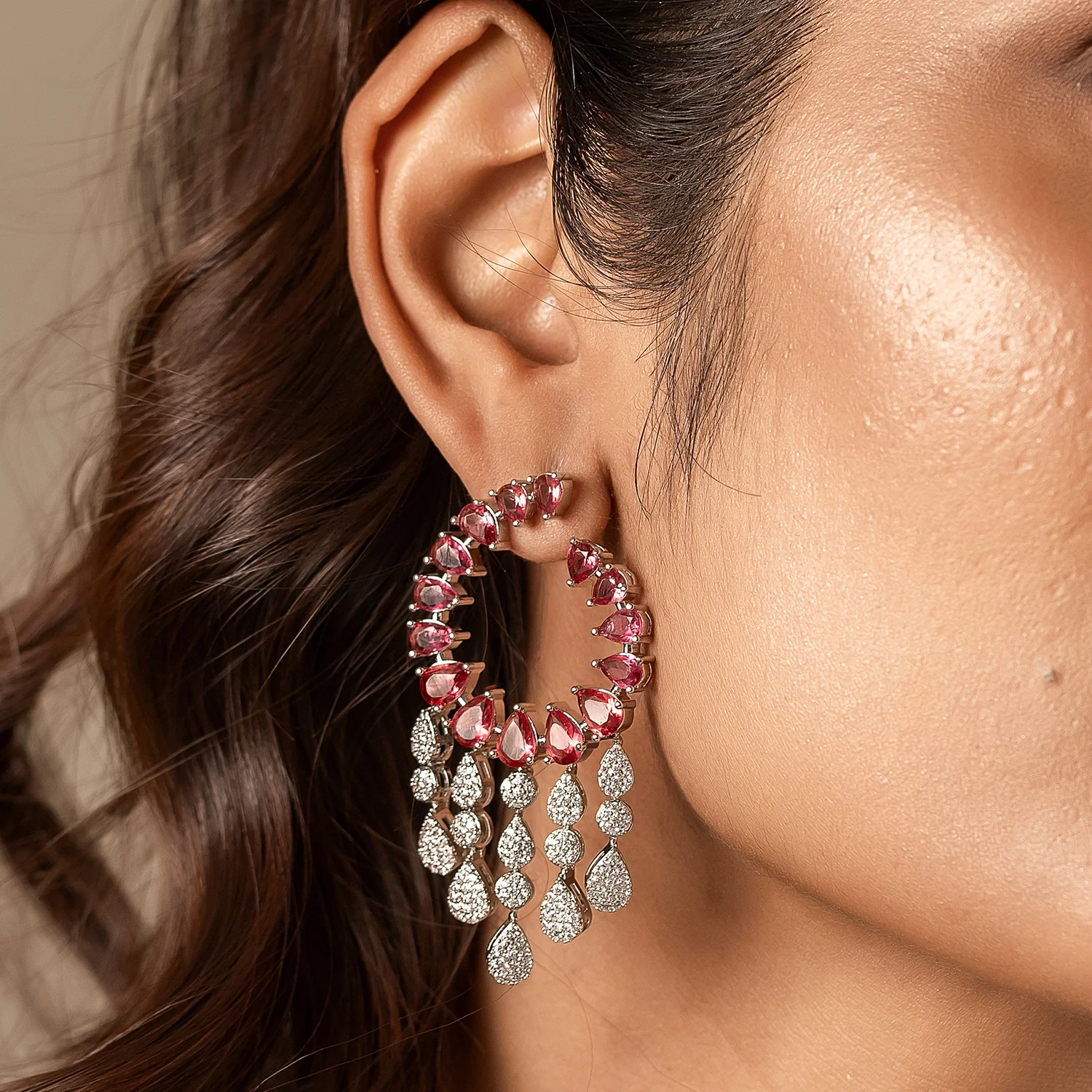 Sparkling Elegance Scarlet Cascade American Diamond Dangler Earrings - Image 2
