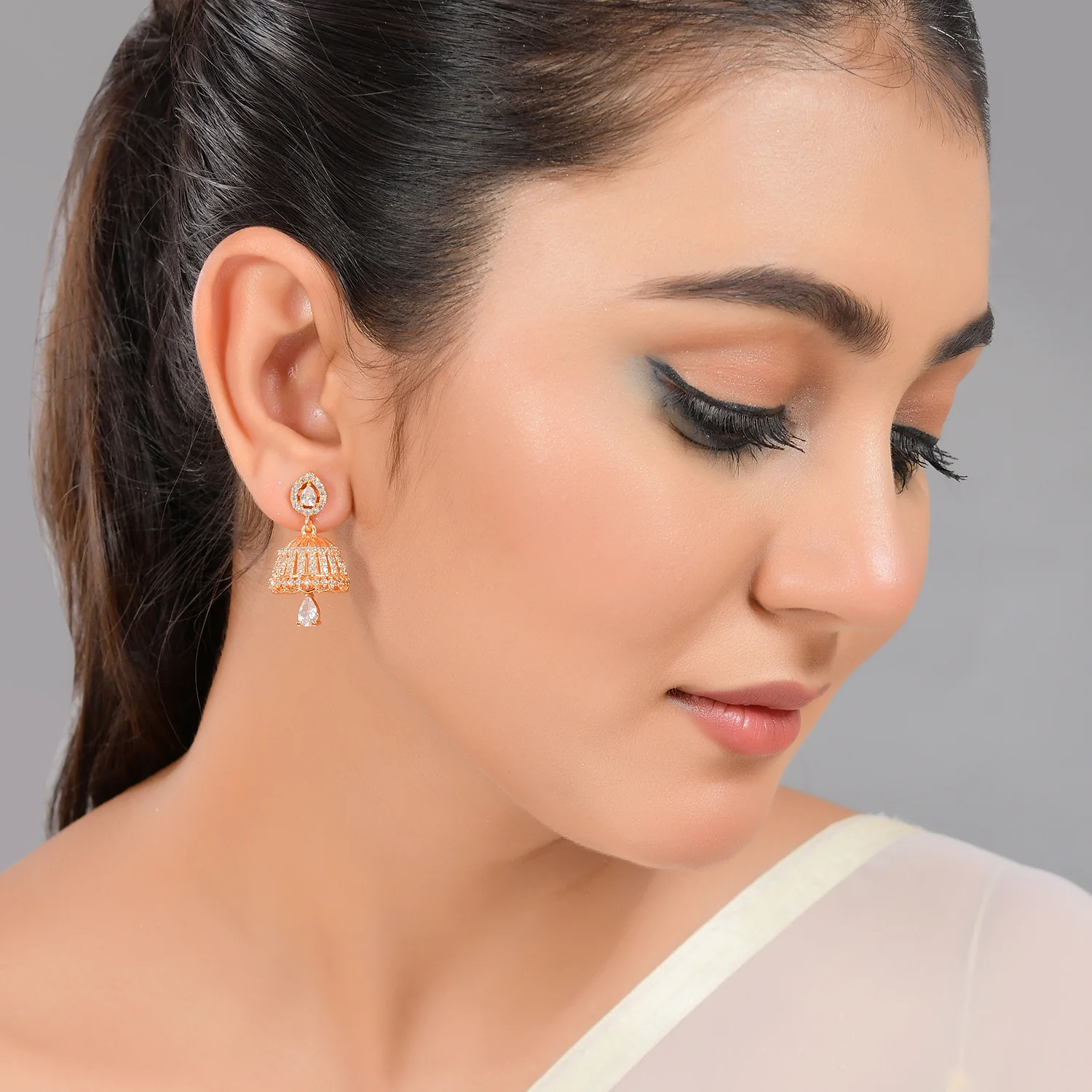 Sparkling Elegance Silver and Gold Cz Jhumka Drop Earrings Combo - Image 2