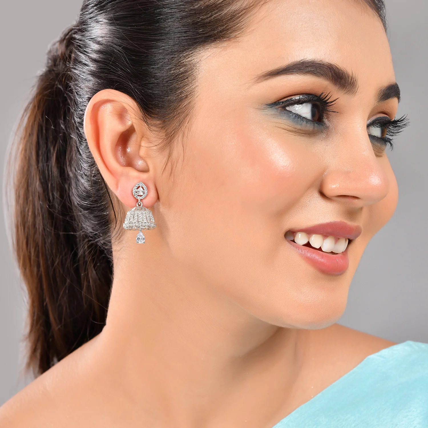 Sparkling Elegance Silver and Gold Cz Jhumka Drop Earrings Combo - Image 3