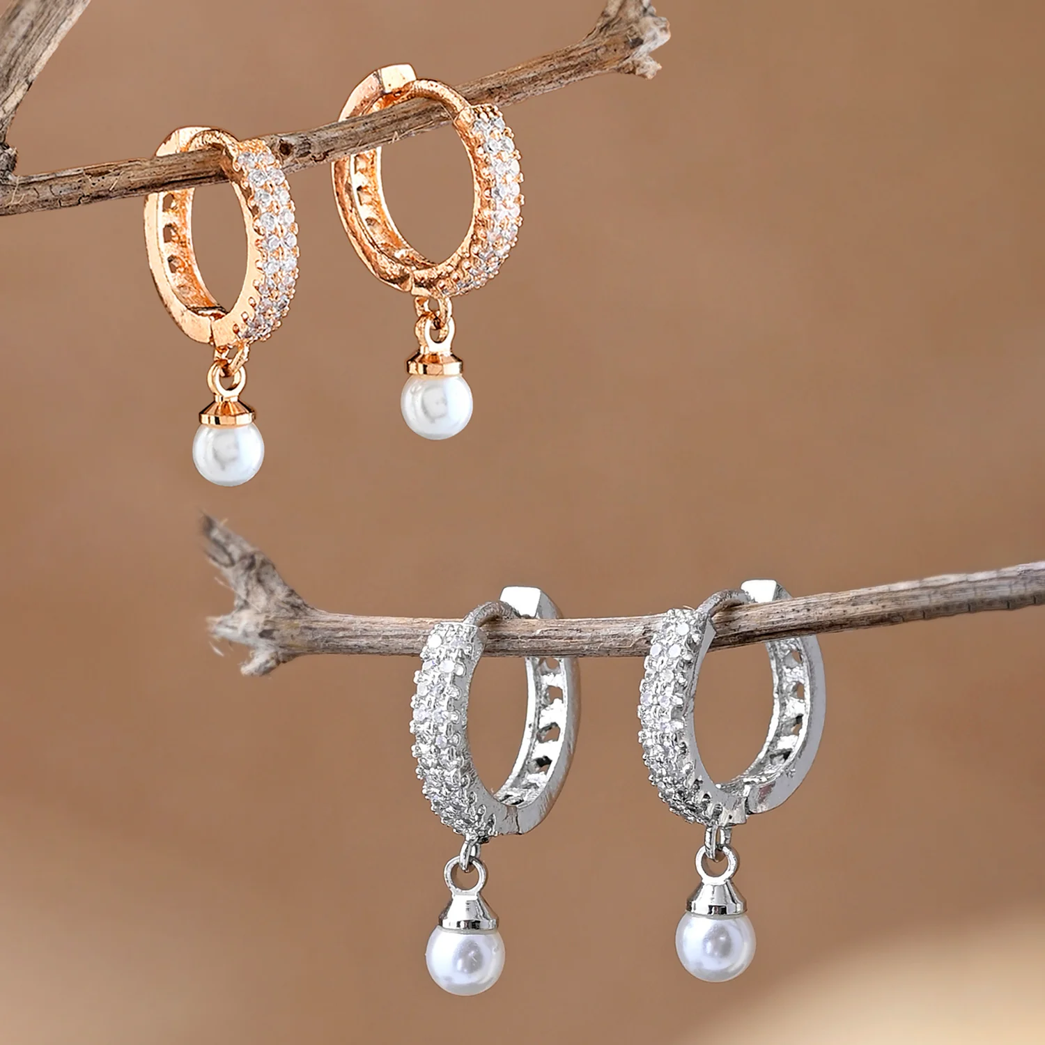 Sparkling Elegance Silver and Gold Pearls Cz Casual Earrings Combo