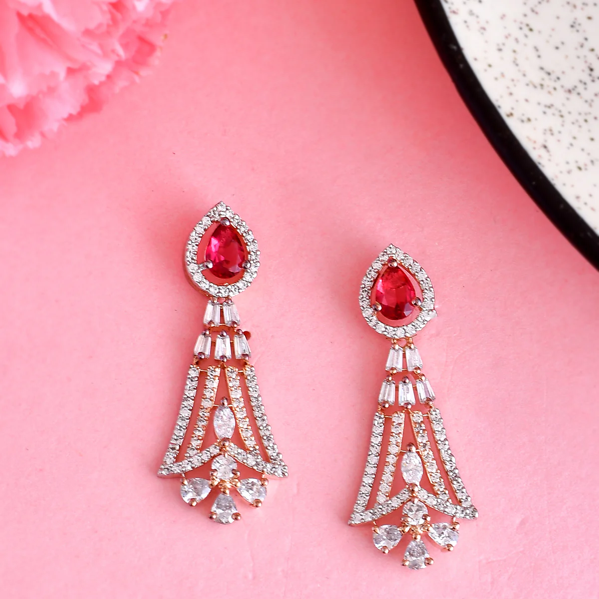 Sparkling Elegance Teardrop Cut Pink and White CZ Dangler Earrings