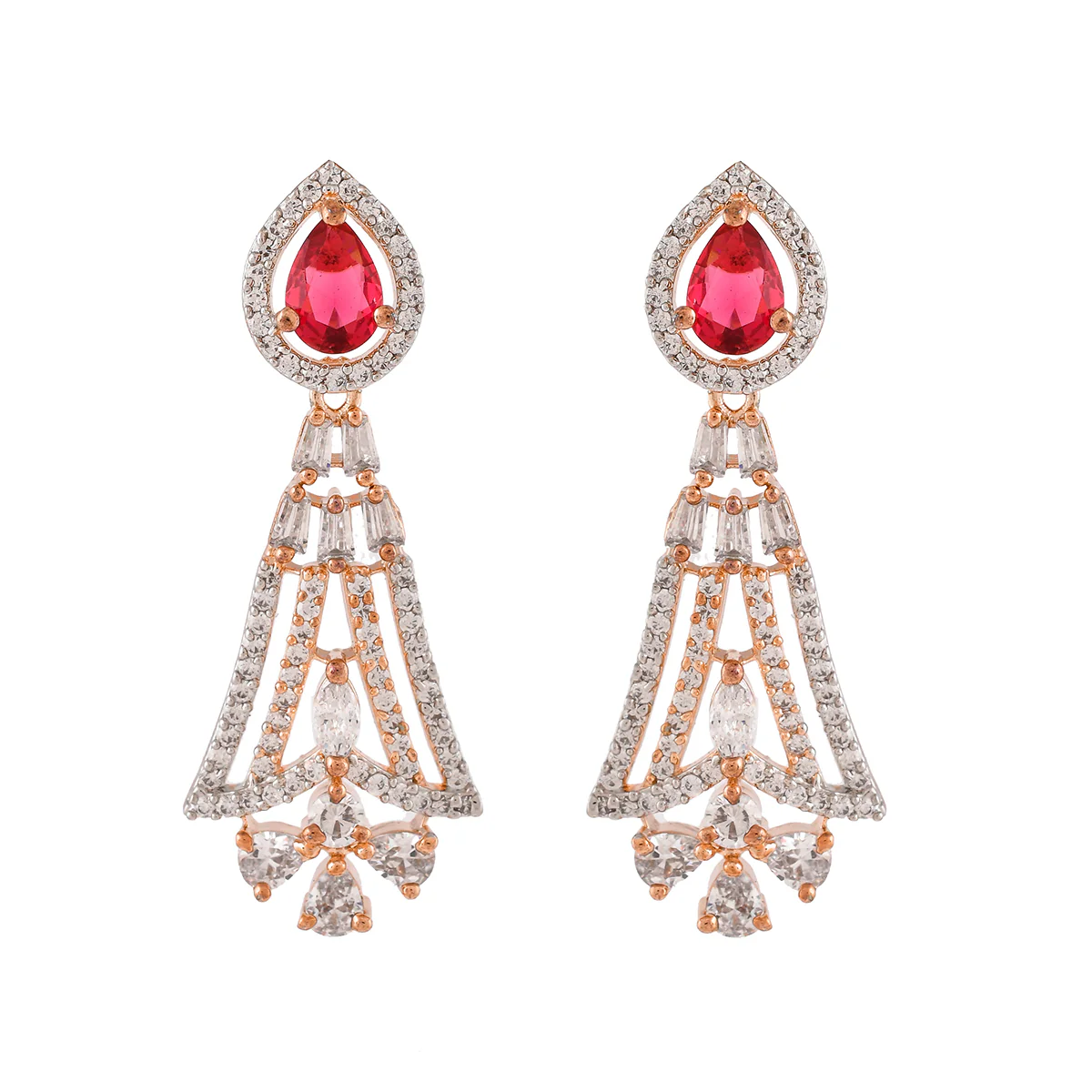 Sparkling Elegance Teardrop Cut Pink and White CZ Dangler Earrings - Image 3