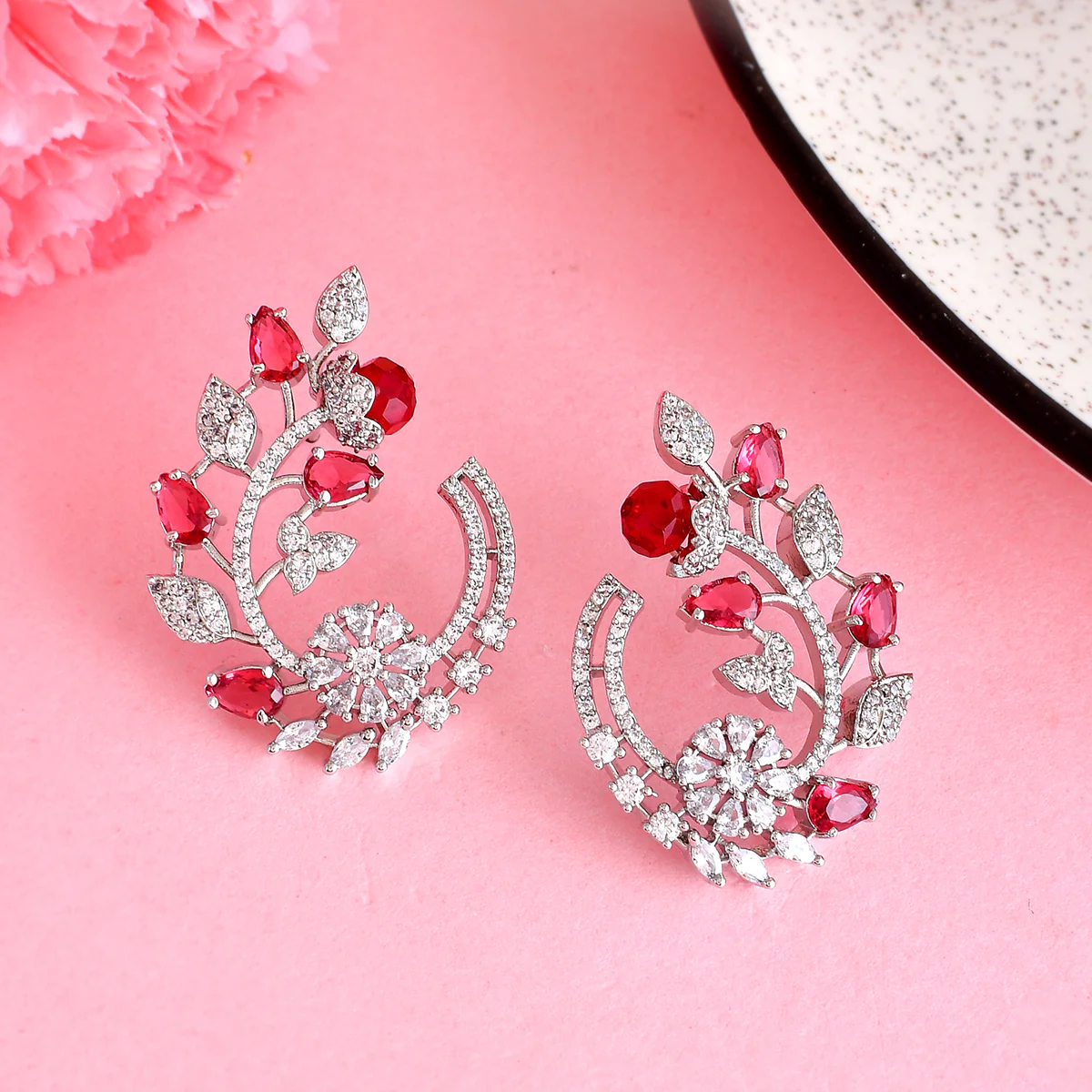 Sparkling Elegance Teardrop Cut Pink and White CZ Earrings