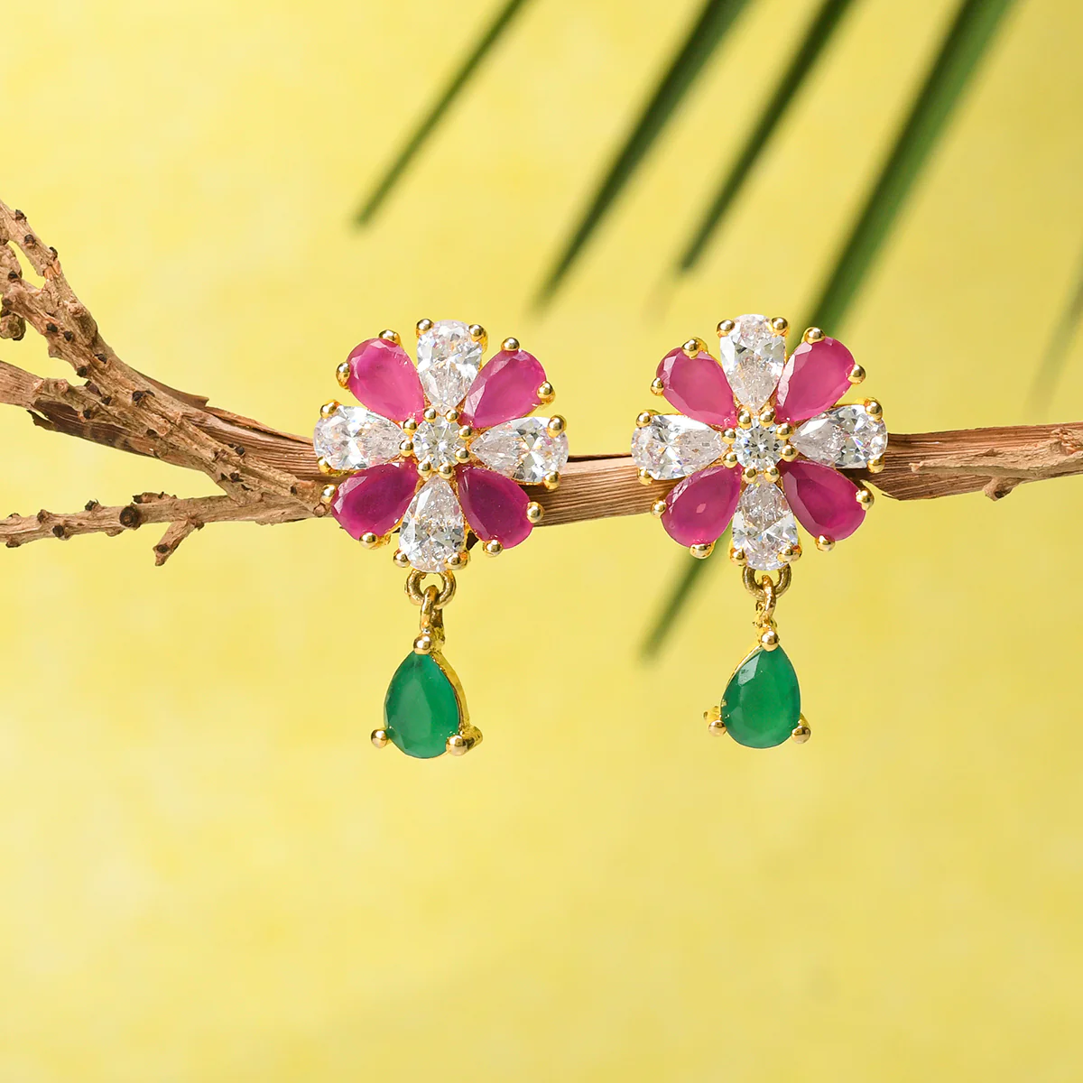Sparkling Elegance Teardrop Cut Zircons Floral Gold Plated Brass Earrings