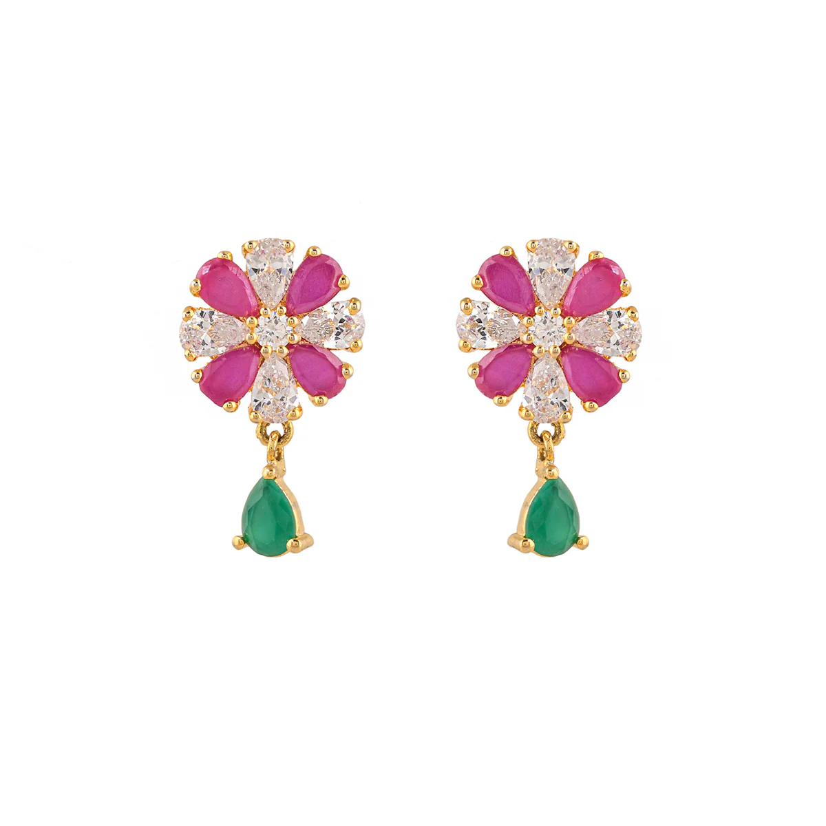 Sparkling Elegance Teardrop Cut Zircons Floral Gold Plated Brass Earrings - Image 3