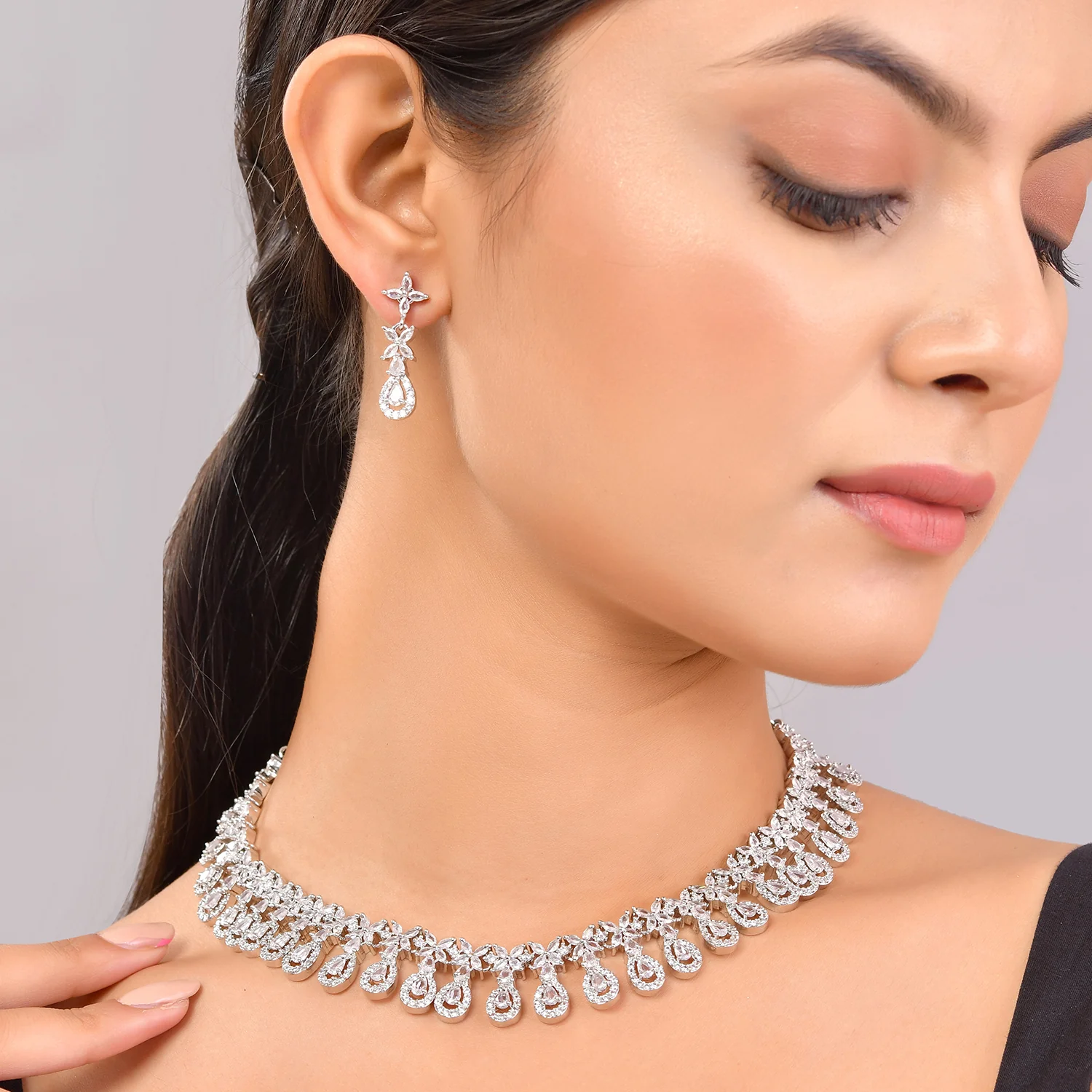 Sparkling Elegance Teardrop Glamour American Diamond Necklace Set - Image 2