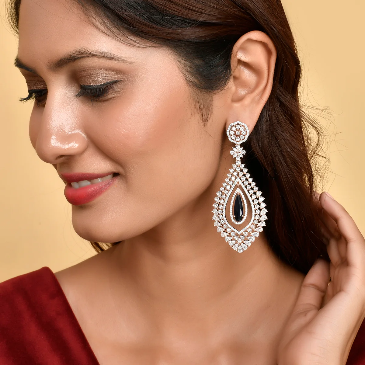 Sparkling Elegance Teardrop Zirconia Embellished Dangler Earrings - Image 2