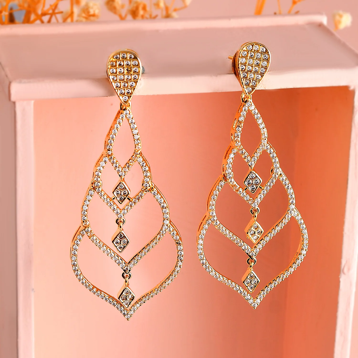 Sparkling Elegance Timeless Teardrop American Diamond Gold Dangler Earrings