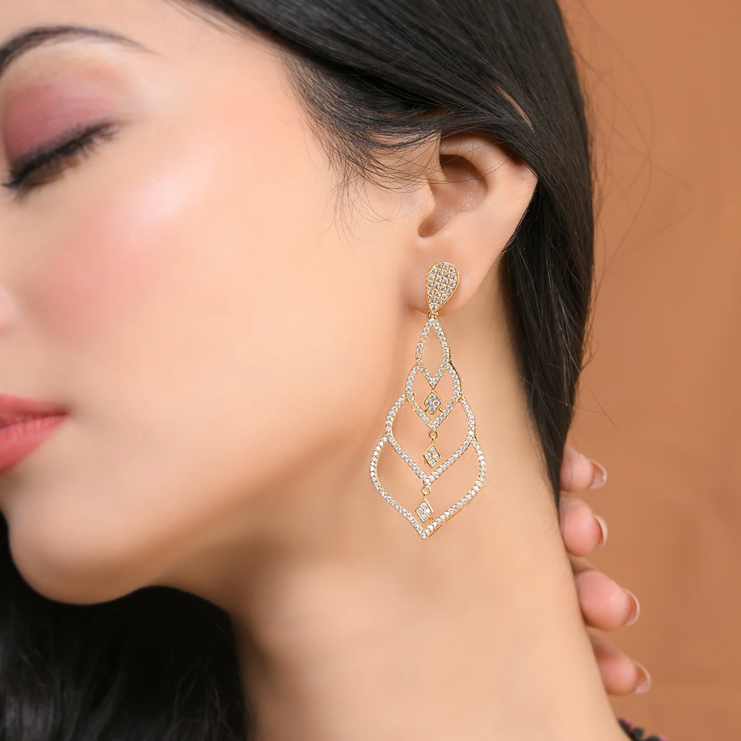Sparkling Elegance Timeless Teardrop American Diamond Gold Dangler Earrings - Image 2