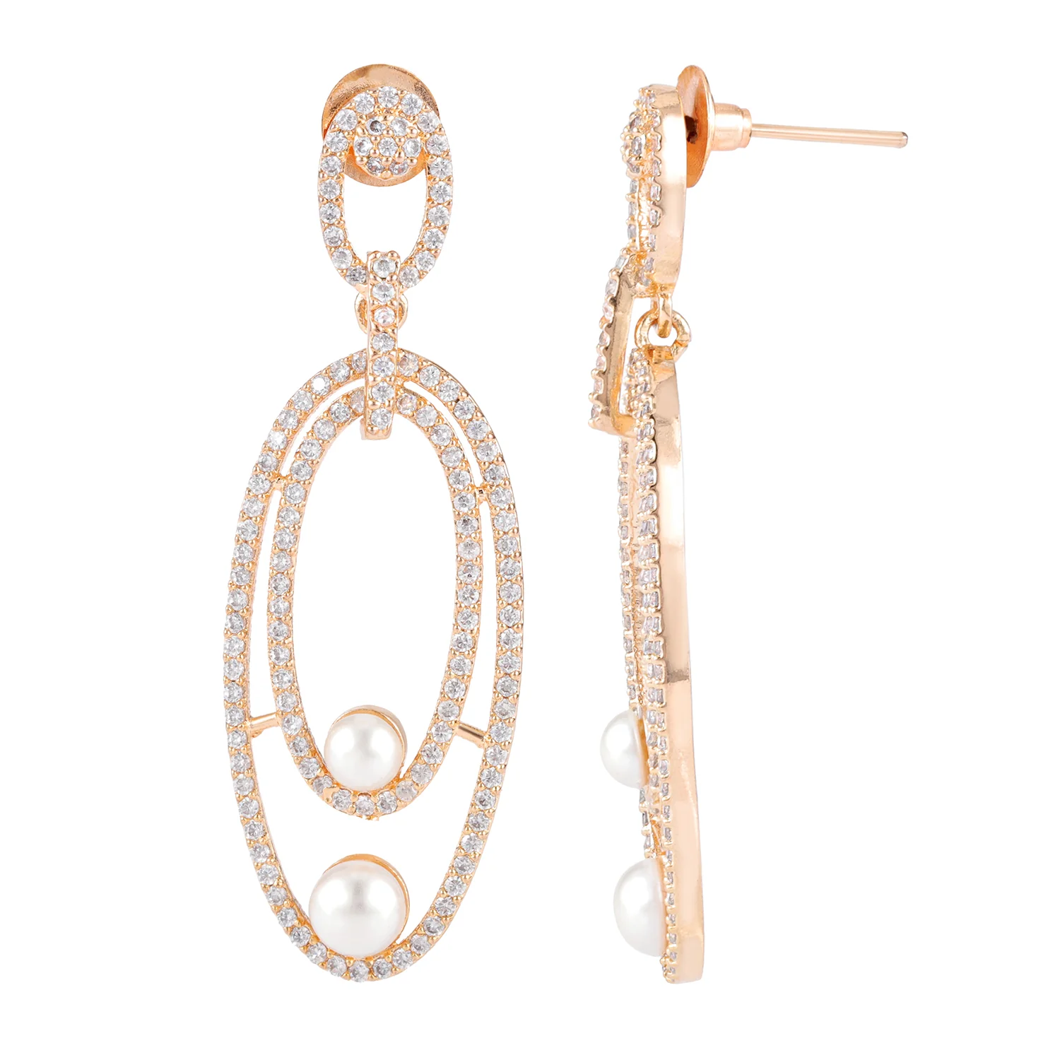 Sparkling Elegance Twin Pearl American Diamond Earrings - Image 3