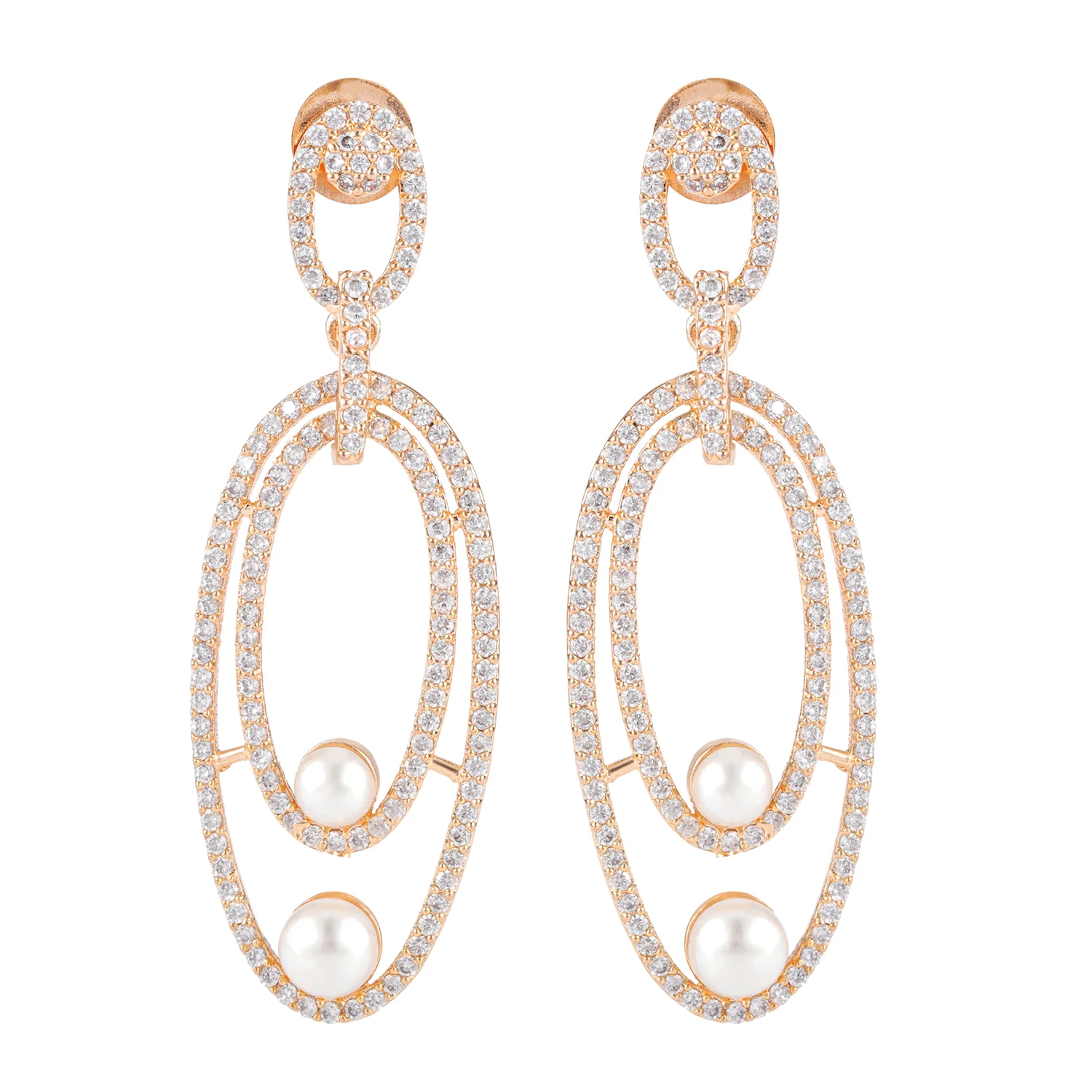 Sparkling Elegance Twin Pearl American Diamond Earrings - Image 4