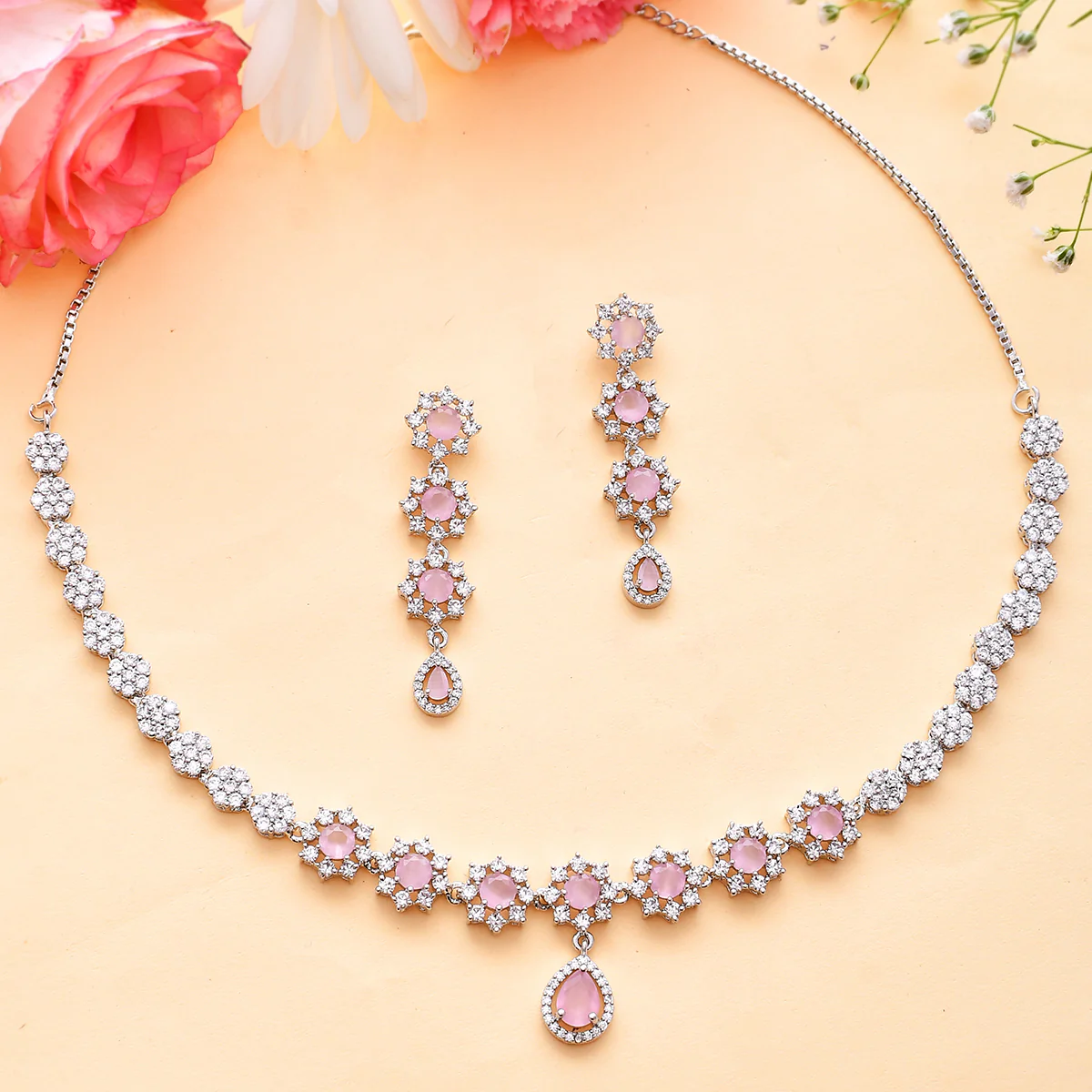 Sparkling Elegance Victorian Inspired Pink and White CZ Jewellery Set