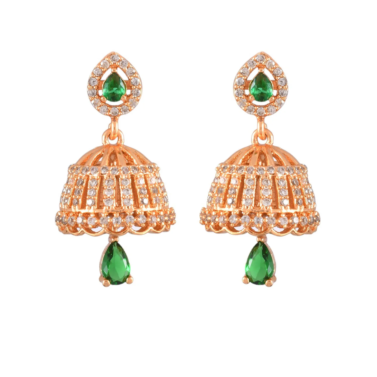 Sparkling Elegance White And Green Cz Jhumka Drop Earrings - Image 4