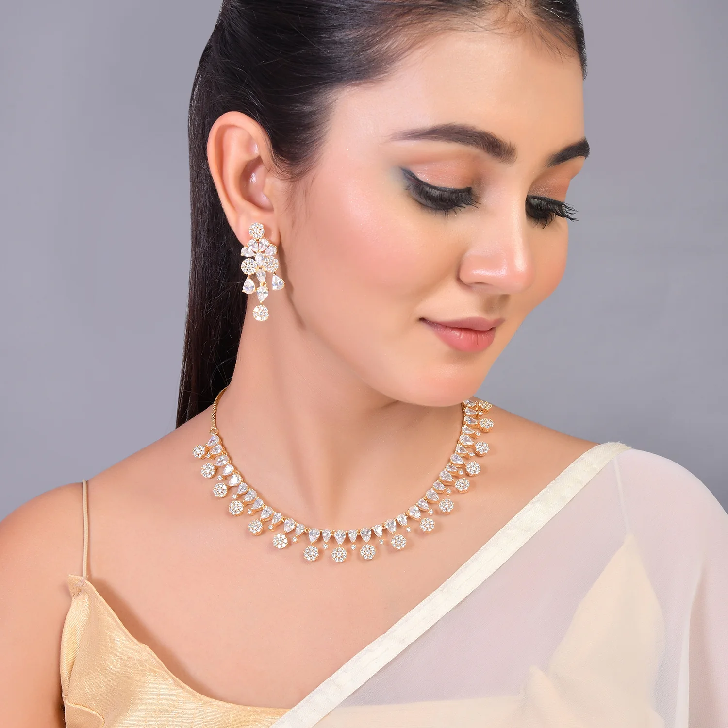 Sparkling Elegance White Cluster Setting Cz Jewellery Set - Image 2