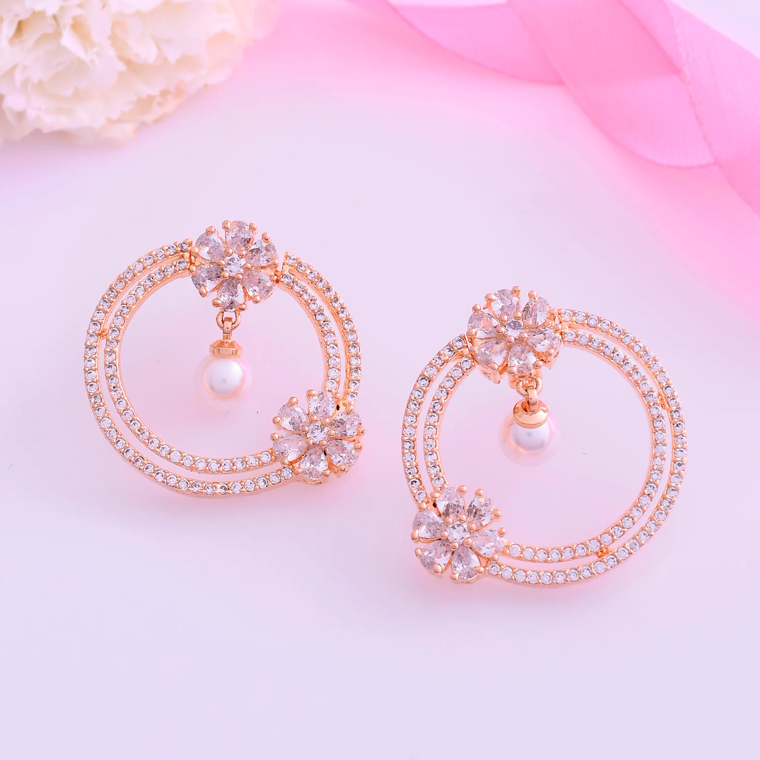 Sparkling Elegance White Pearls And Cz Earrings