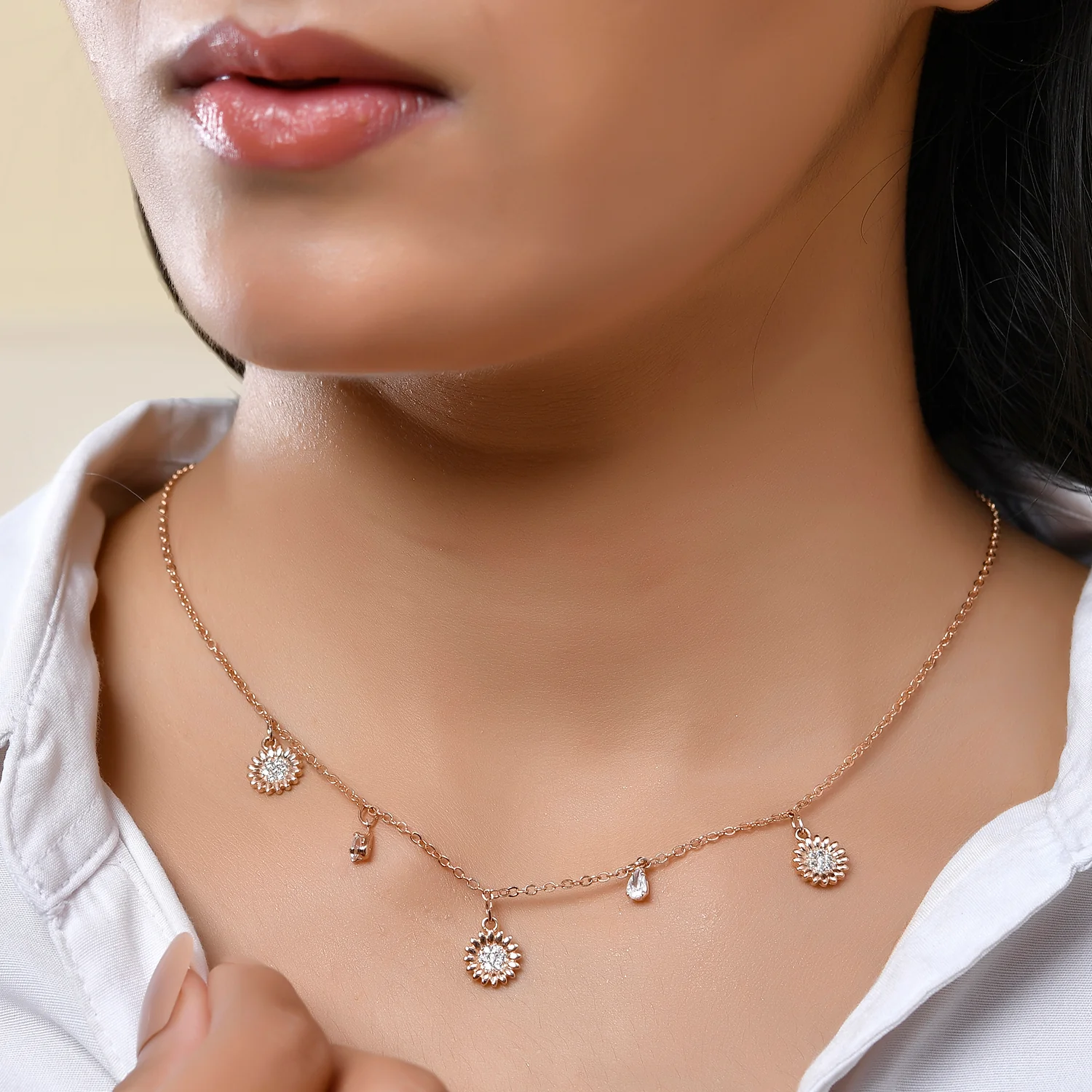 Sparkling Elegance Wildflower Charm Rose Gold Necklace - Image 2