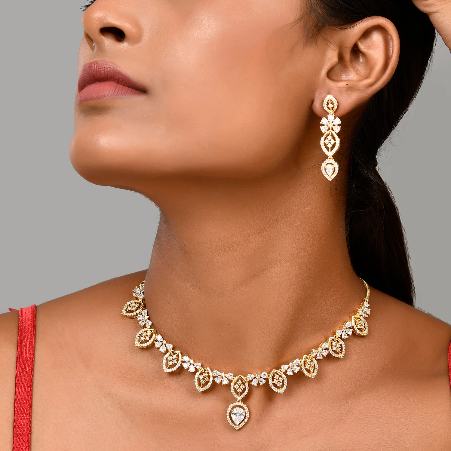 Sparkling Essential Glorious Gold American Diamond Necklace Set - Image 2