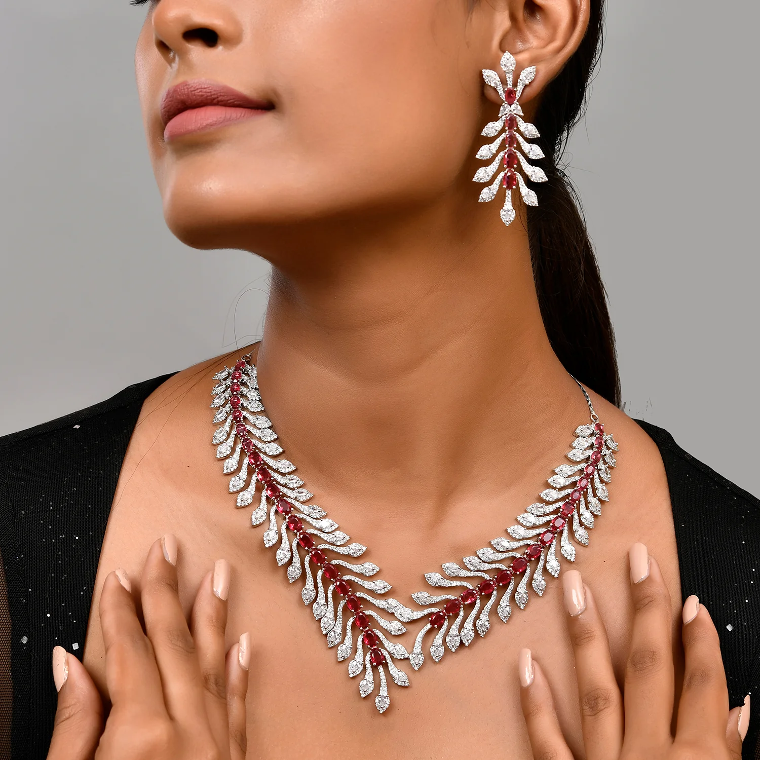 Sparkling Essential Luxurious Ruby Crystal American Diamond Necklace Set - Image 2