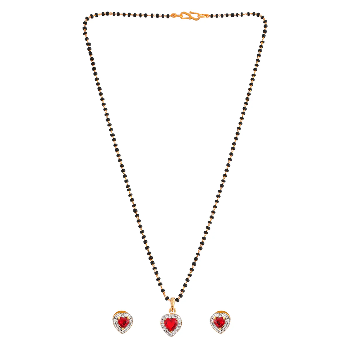 Sparkling Essential Red Cz Studded Heart Shaped Gold Plated Mangalsutra Set - Image 3