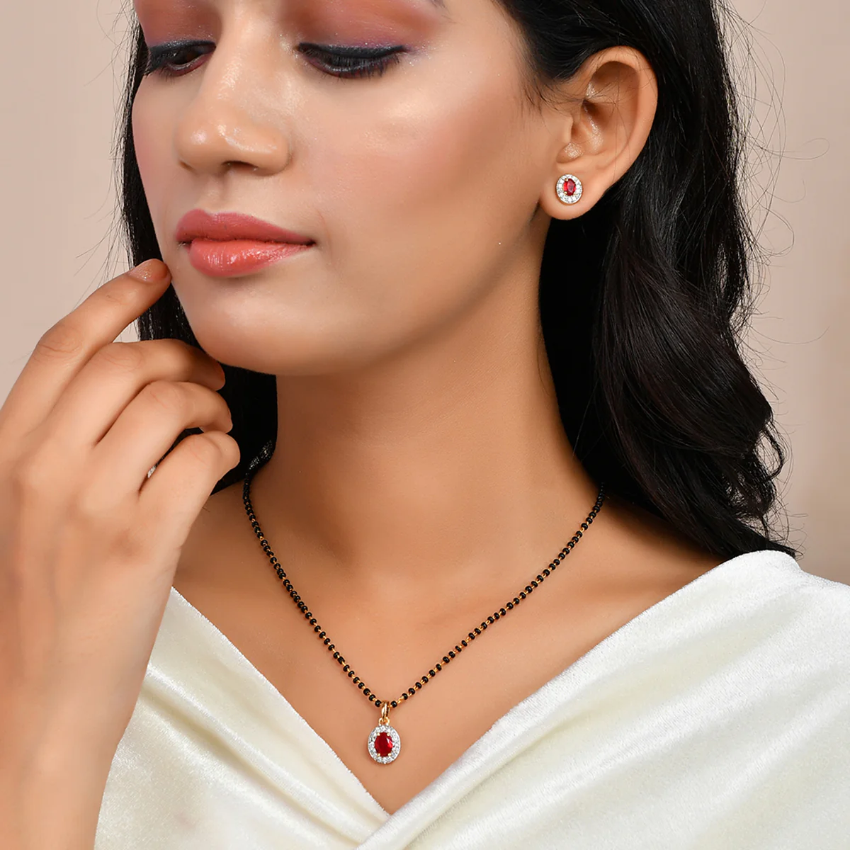 Sparkling Essential Red Cz Studded Oval Gold Plated Mangalsutra Set - Image 2