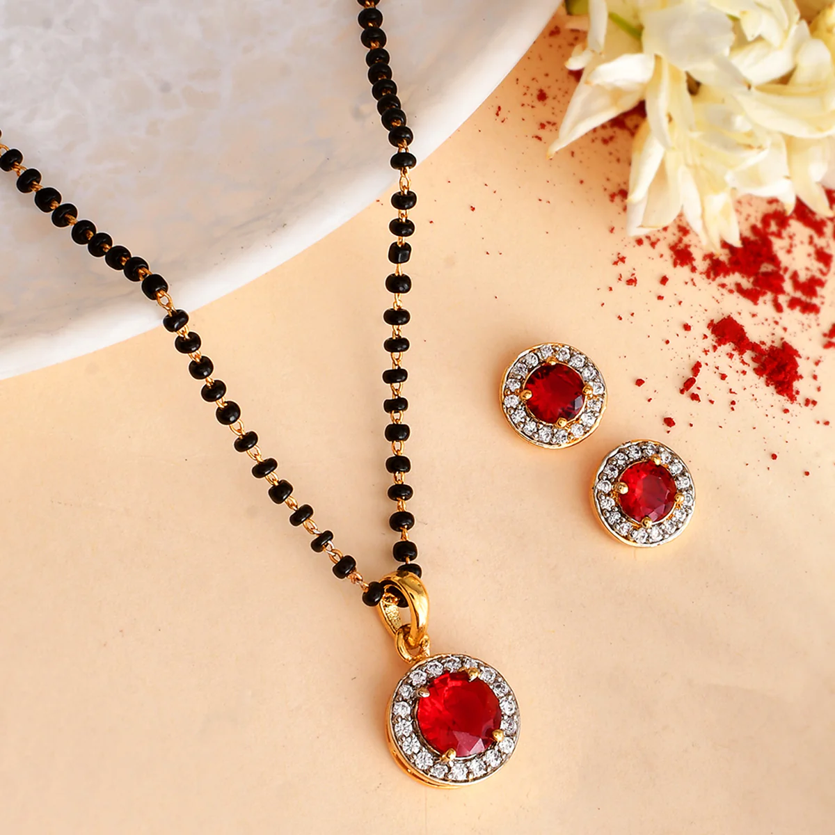 Sparkling Essential Red Cz Studded Round Gold Plated Mangalsutra Set
