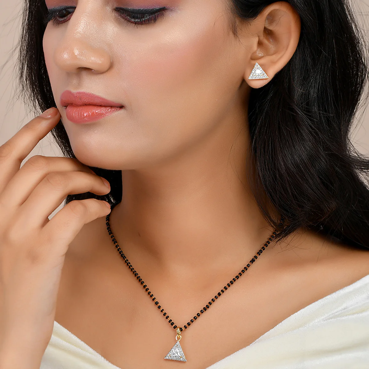 Sparkling Essential White Cz Studded Triangular Gold Plated Mangalsutra Set - Image 2