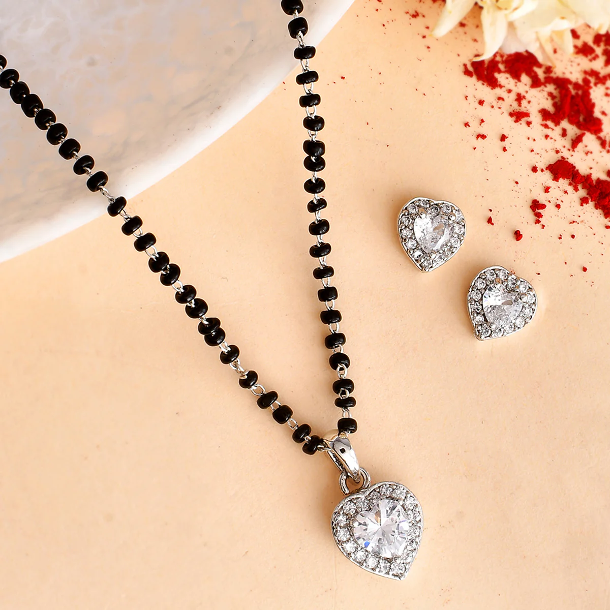 Sparkling Essential White Heart Shaped Cz Studded Silver Magalsutra Set