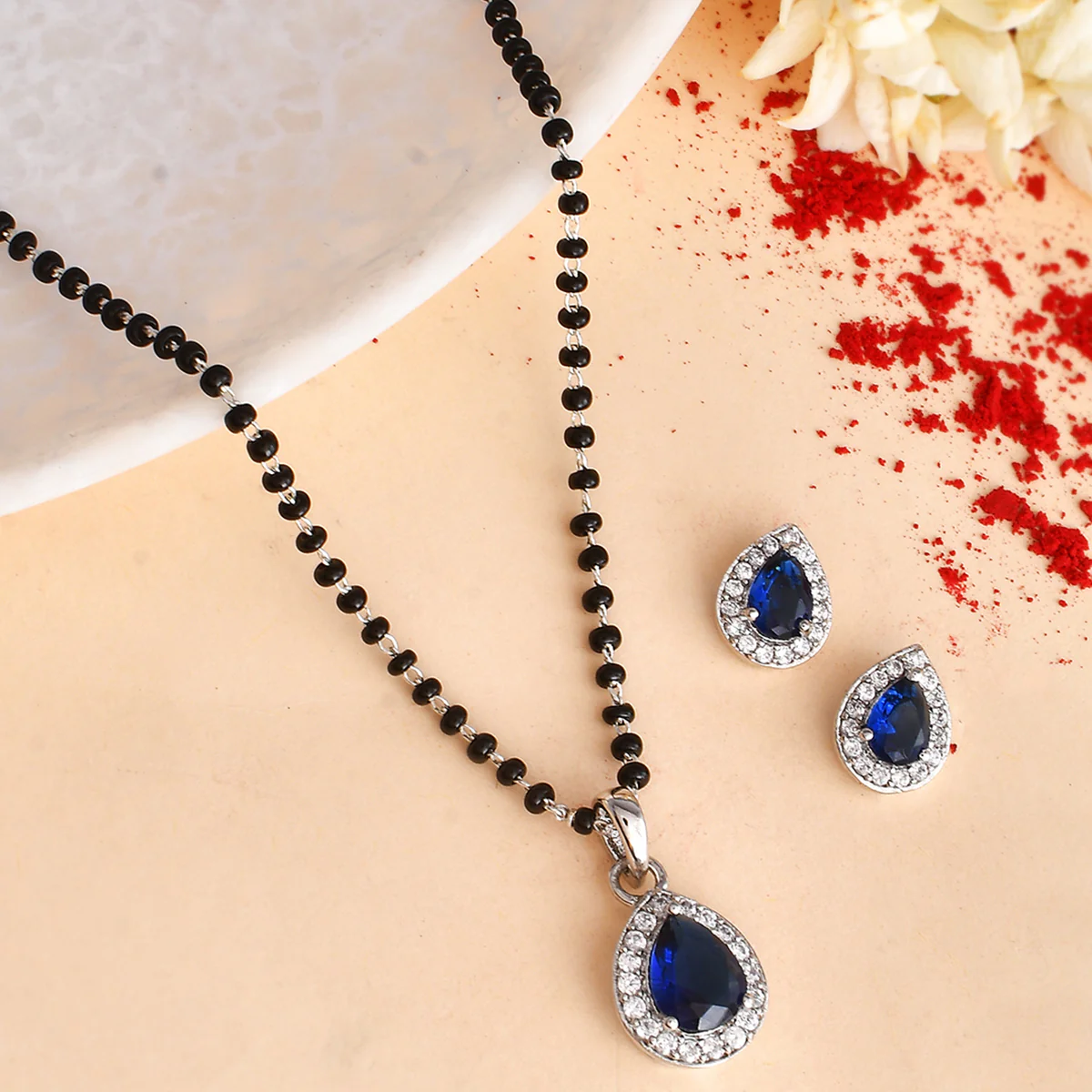 Sparkling Essentials Blue Tear Drop Silver Managalsutra Set