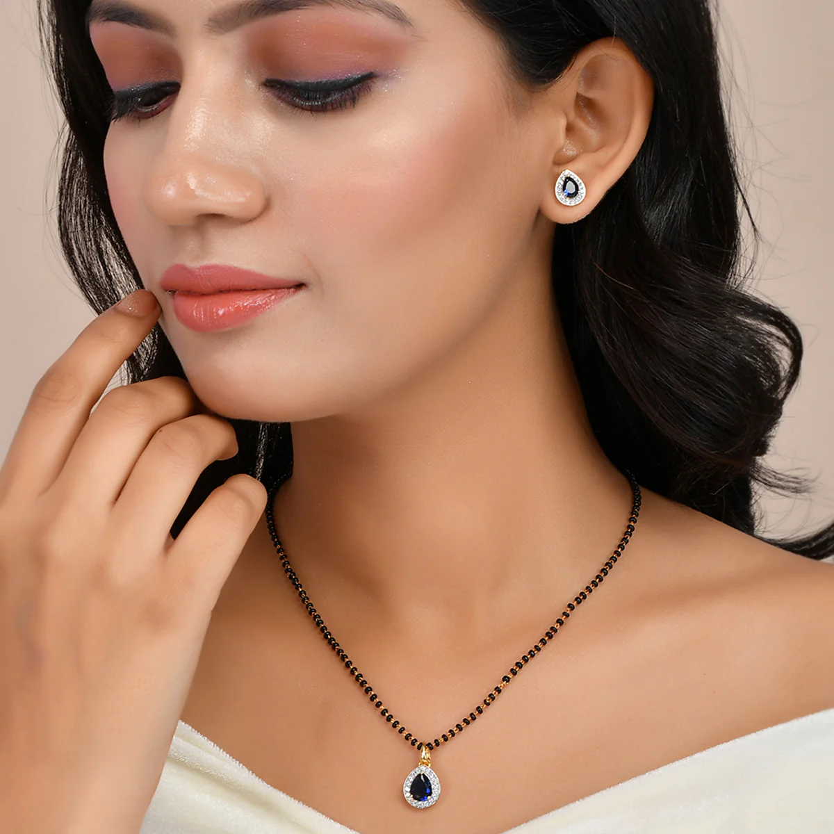 Sparkling Essentials Blue Teardrop Shaped Gold Plated Mangalsutra Set - Image 2