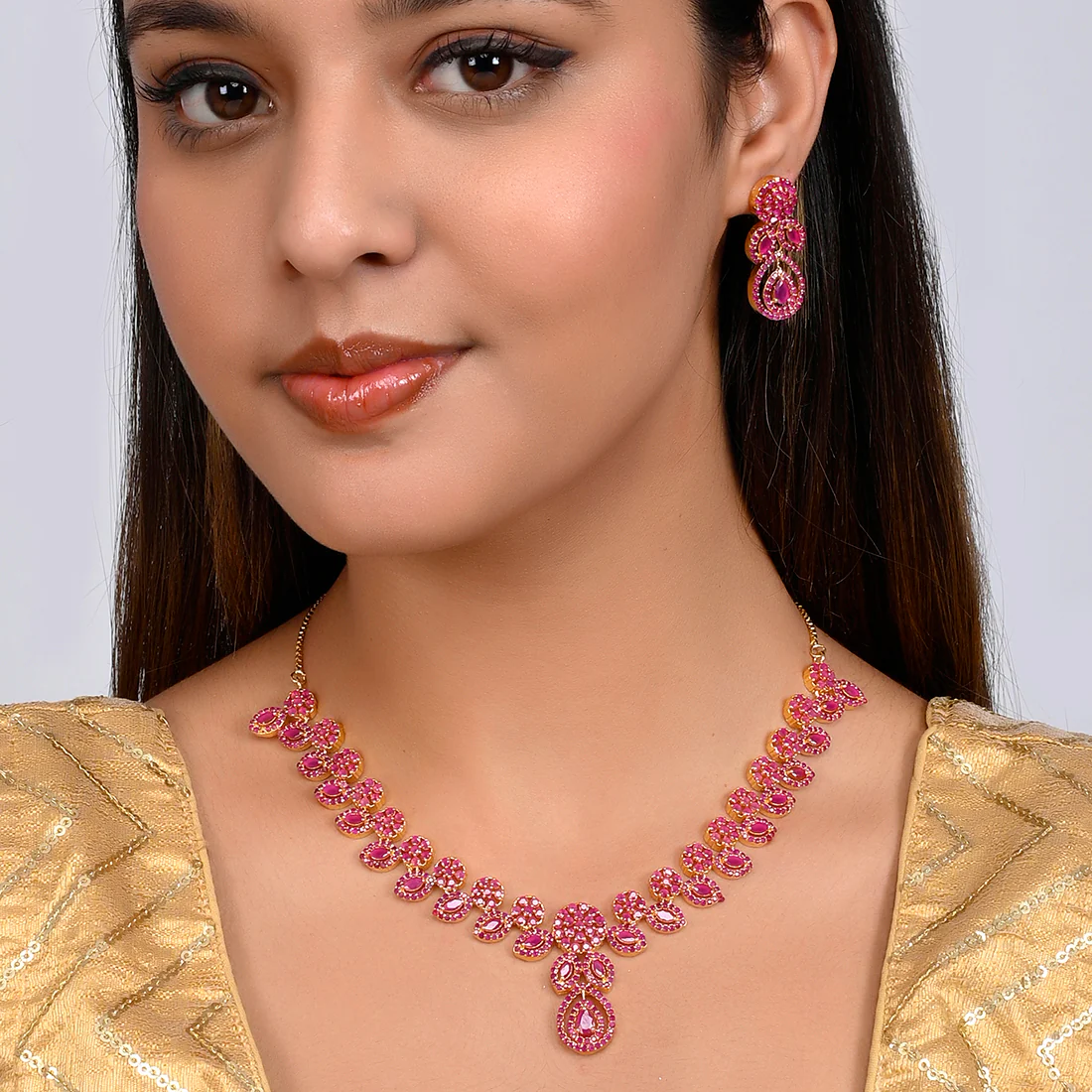 Sparkling Essentials Floral Motif Cluster Setting Pink CZ Gems Jewellery Set - Image 2