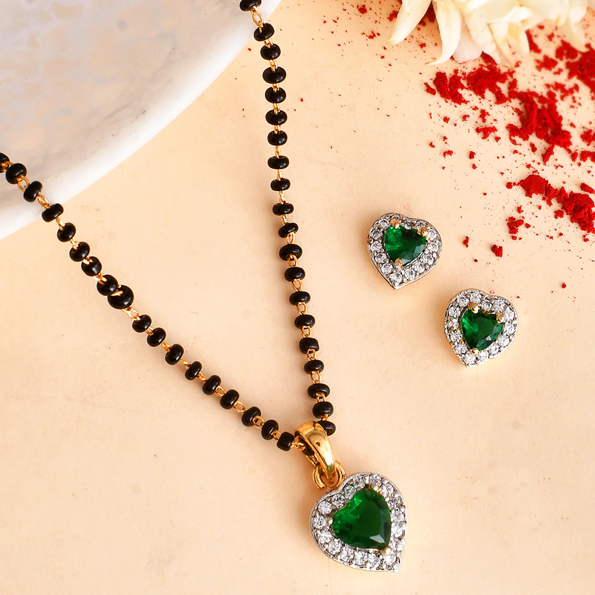 Sparkling Essentials Green Heart Shaped Gold Plated Mangalsutra Set