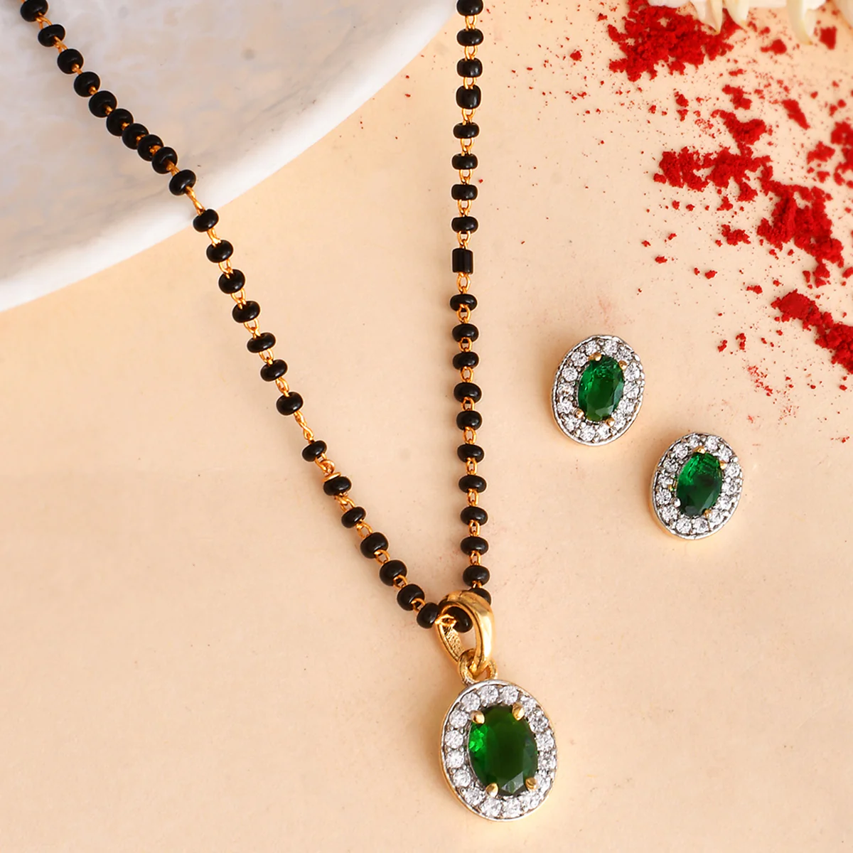 Sparkling Essentials Green Oval Gold Plated Mangalsutra Set
