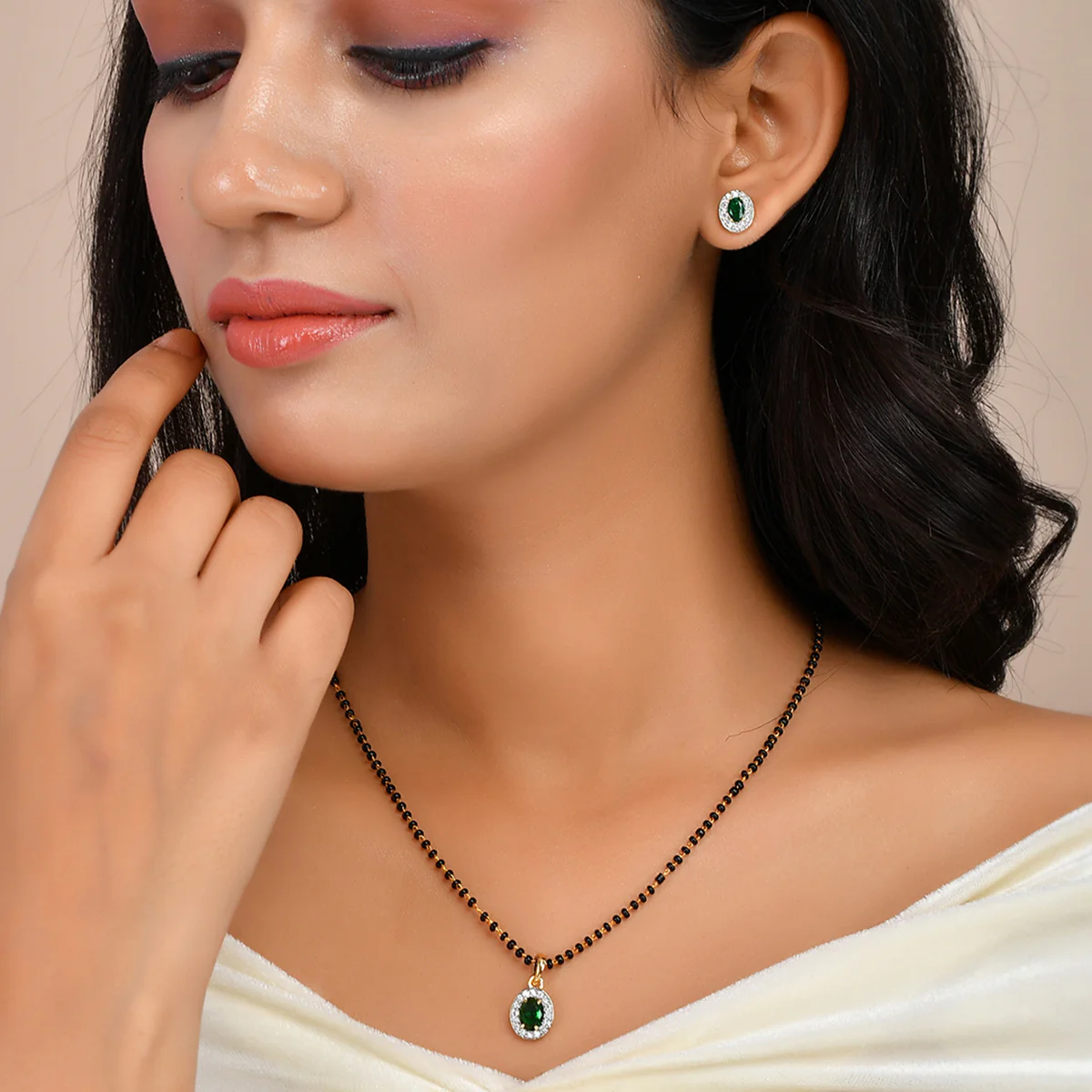 Sparkling Essentials Green Oval Gold Plated Mangalsutra Set - Image 2