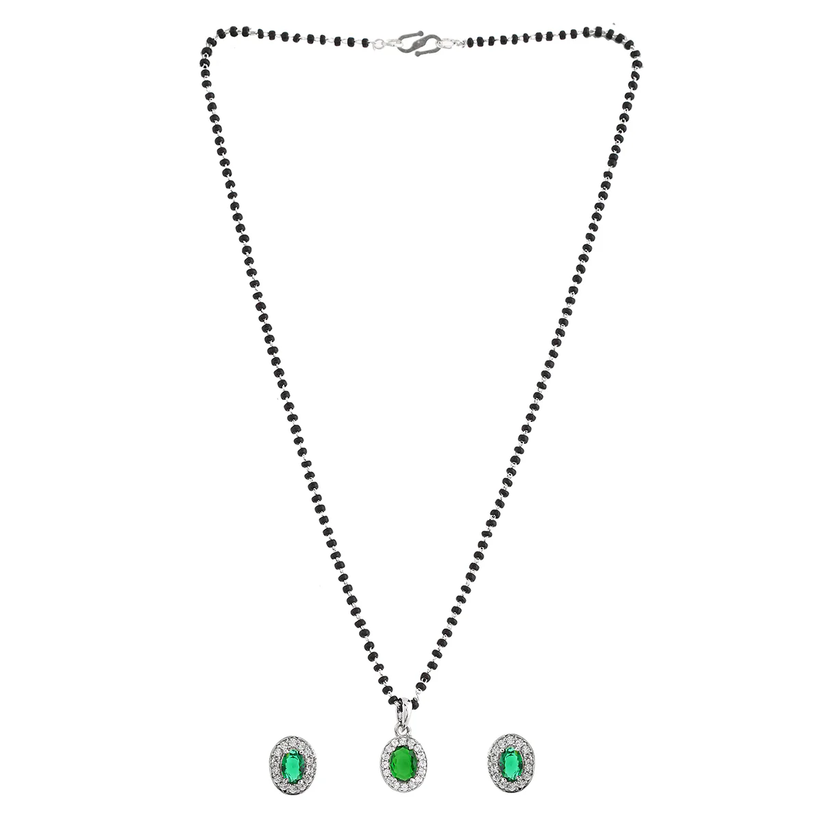 Sparkling Essentials Green Oval Silver Mangalsutra Set - Image 3