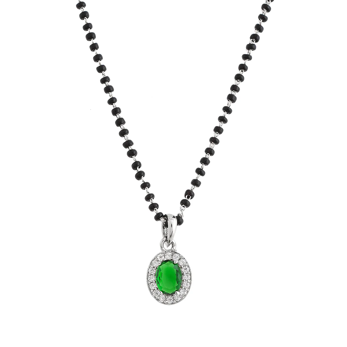 Sparkling Essentials Green Oval Silver Mangalsutra Set - Image 4
