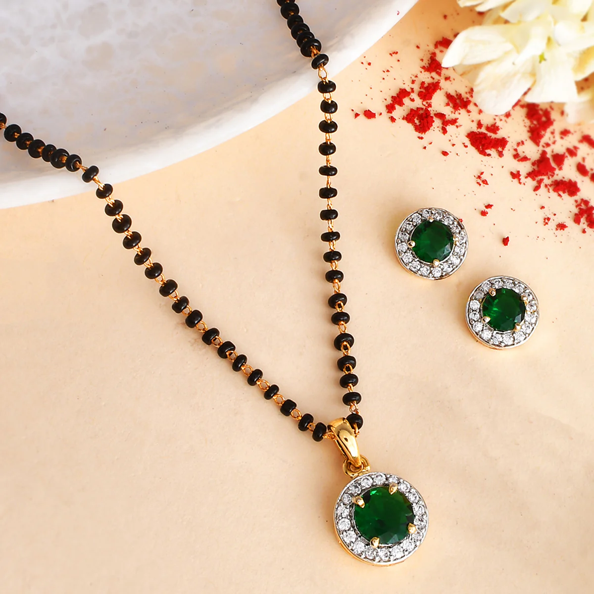 Sparkling Essentials Green Round Gold Plated Mangalsutra Set