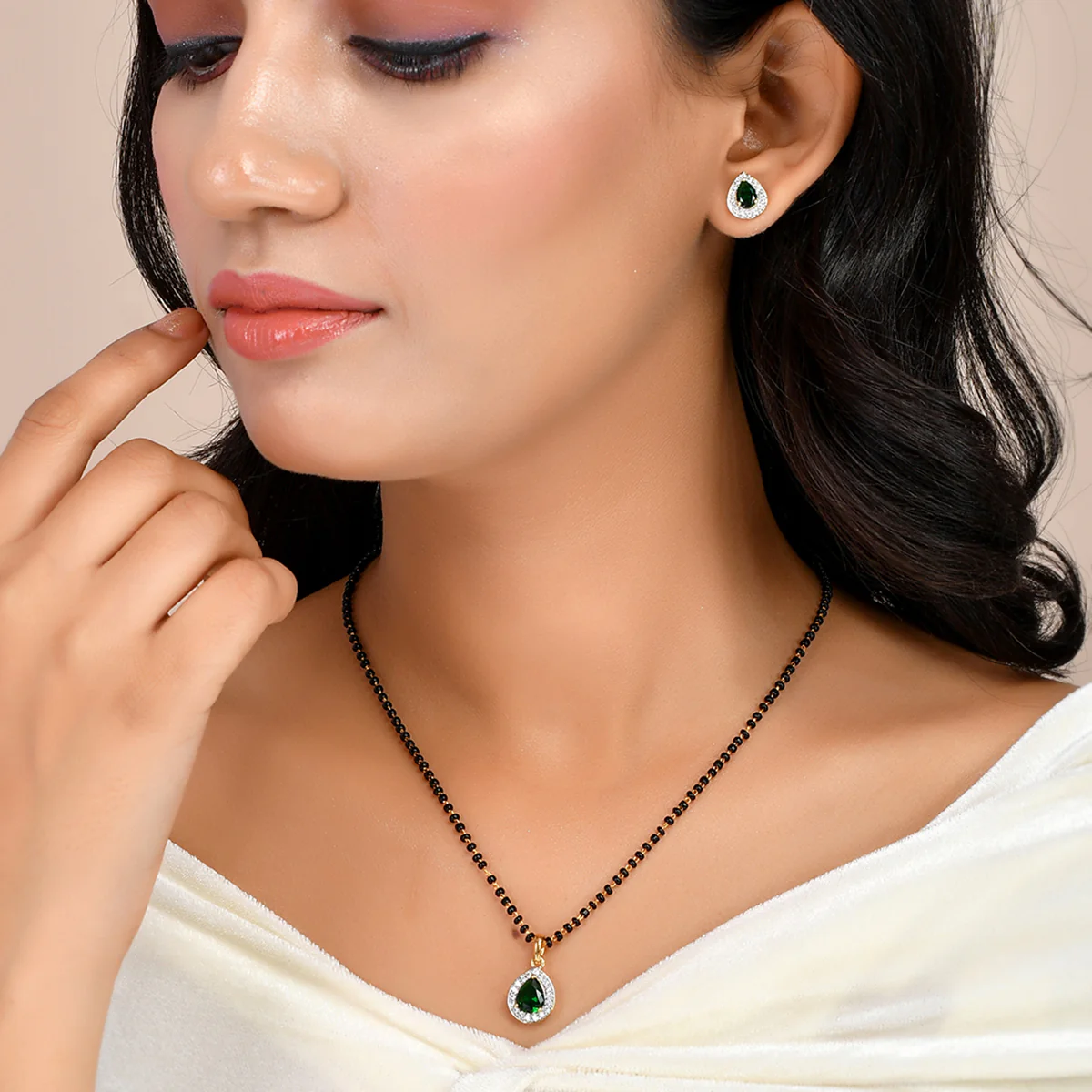 Sparkling Essentials Green Teardrop Shaped Gold Plated Mangalsutra Set - Image 2