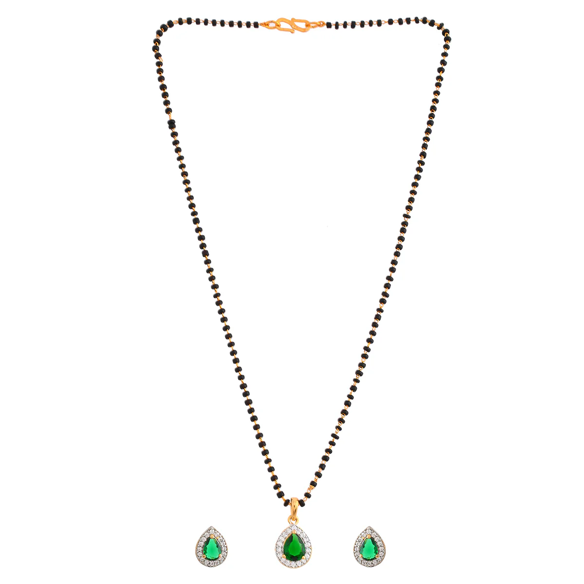 Sparkling Essentials Green Teardrop Shaped Gold Plated Mangalsutra Set - Image 3