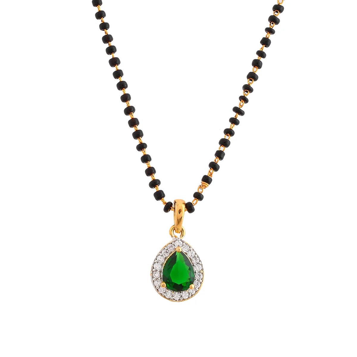 Sparkling Essentials Green Teardrop Shaped Gold Plated Mangalsutra Set - Image 4