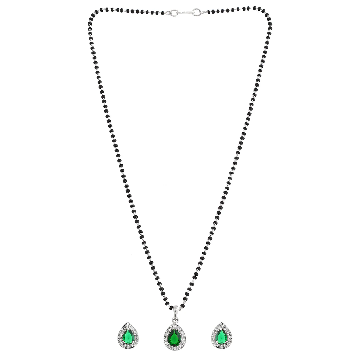 Sparkling Essentials Green Teardrop Shaped Silver Mangalsutra Set - Image 3
