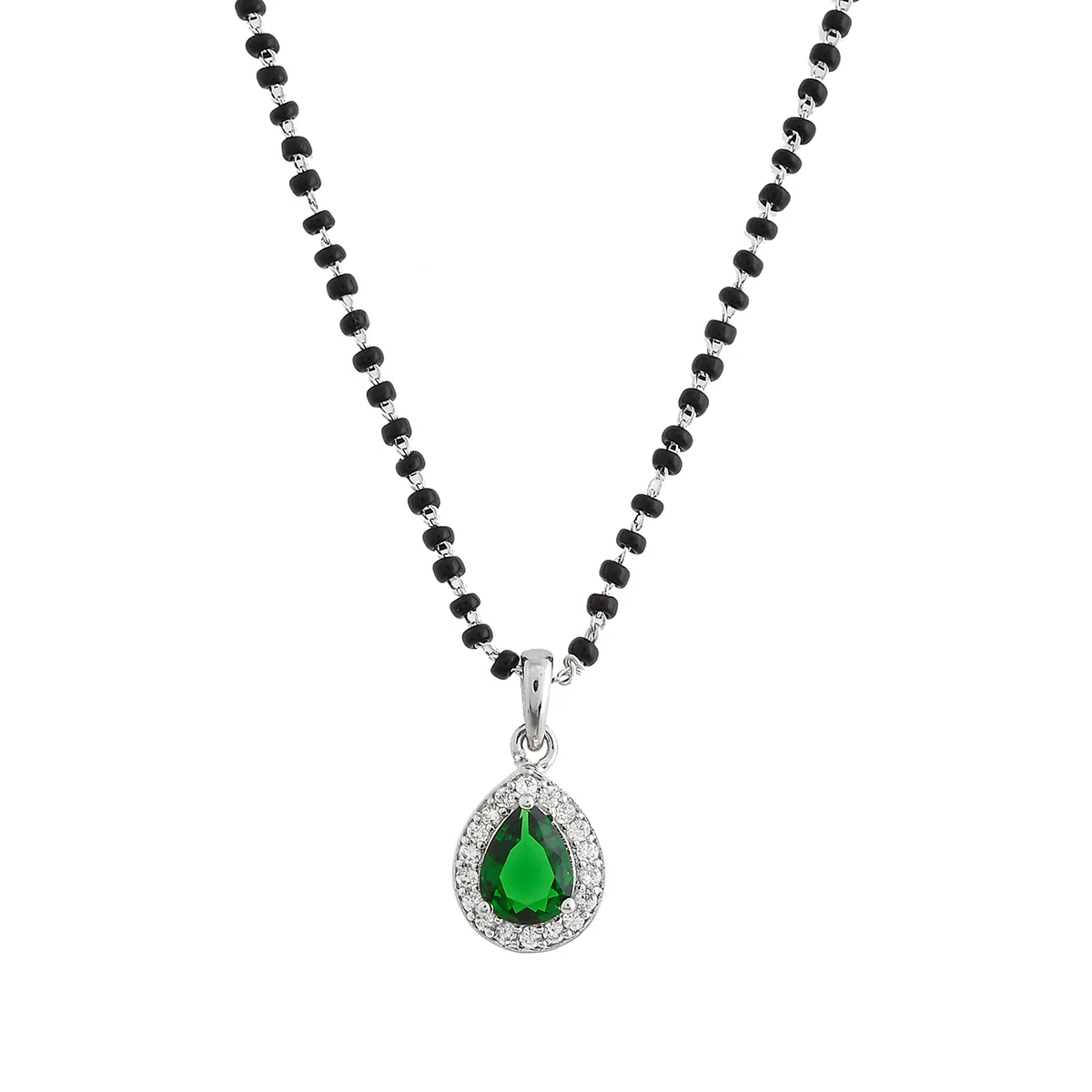 Sparkling Essentials Green Teardrop Shaped Silver Mangalsutra Set - Image 4