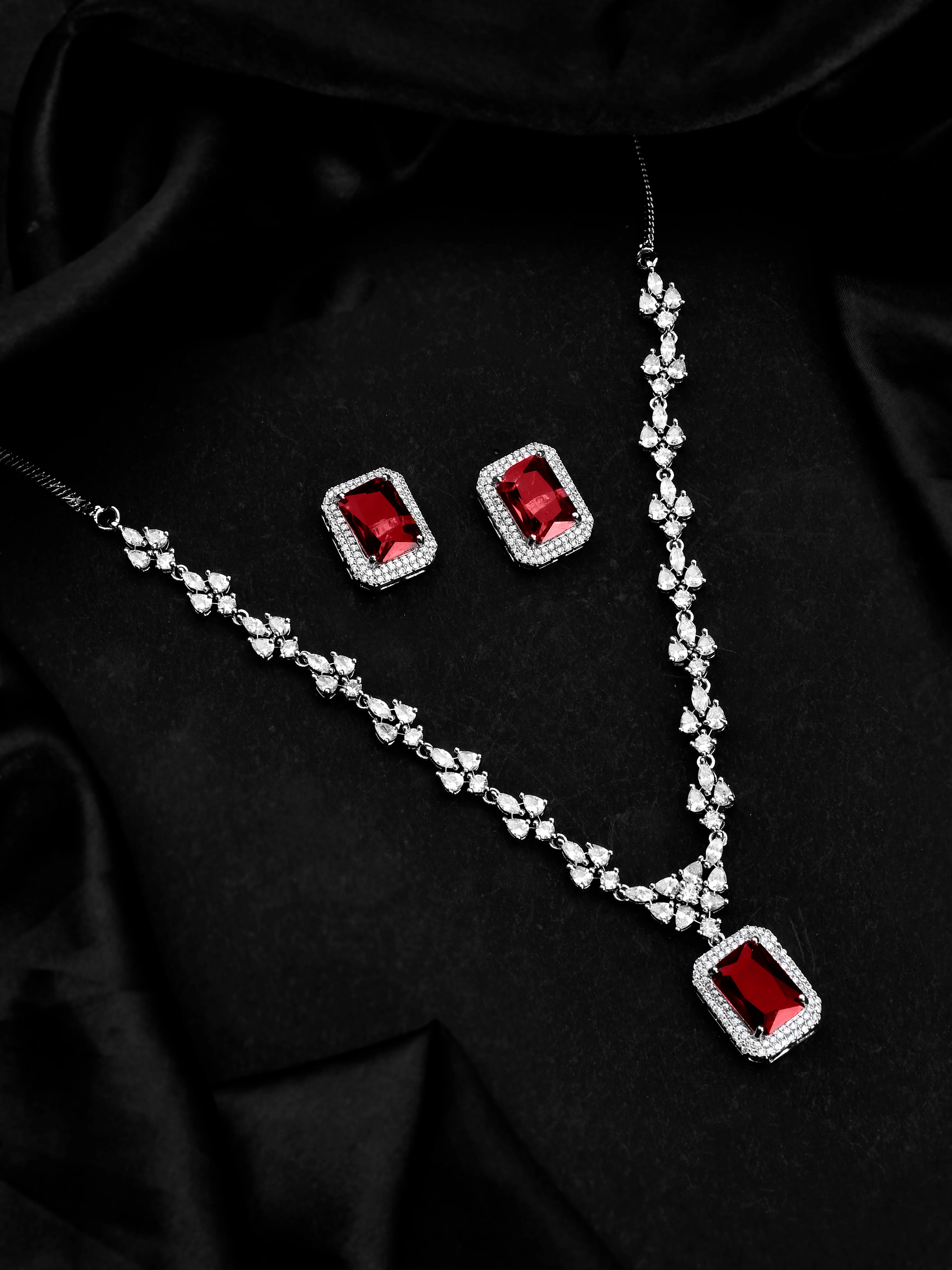 Sparkling Essentials Mystic Scarlet American Diamond Necklace Set - Image 2