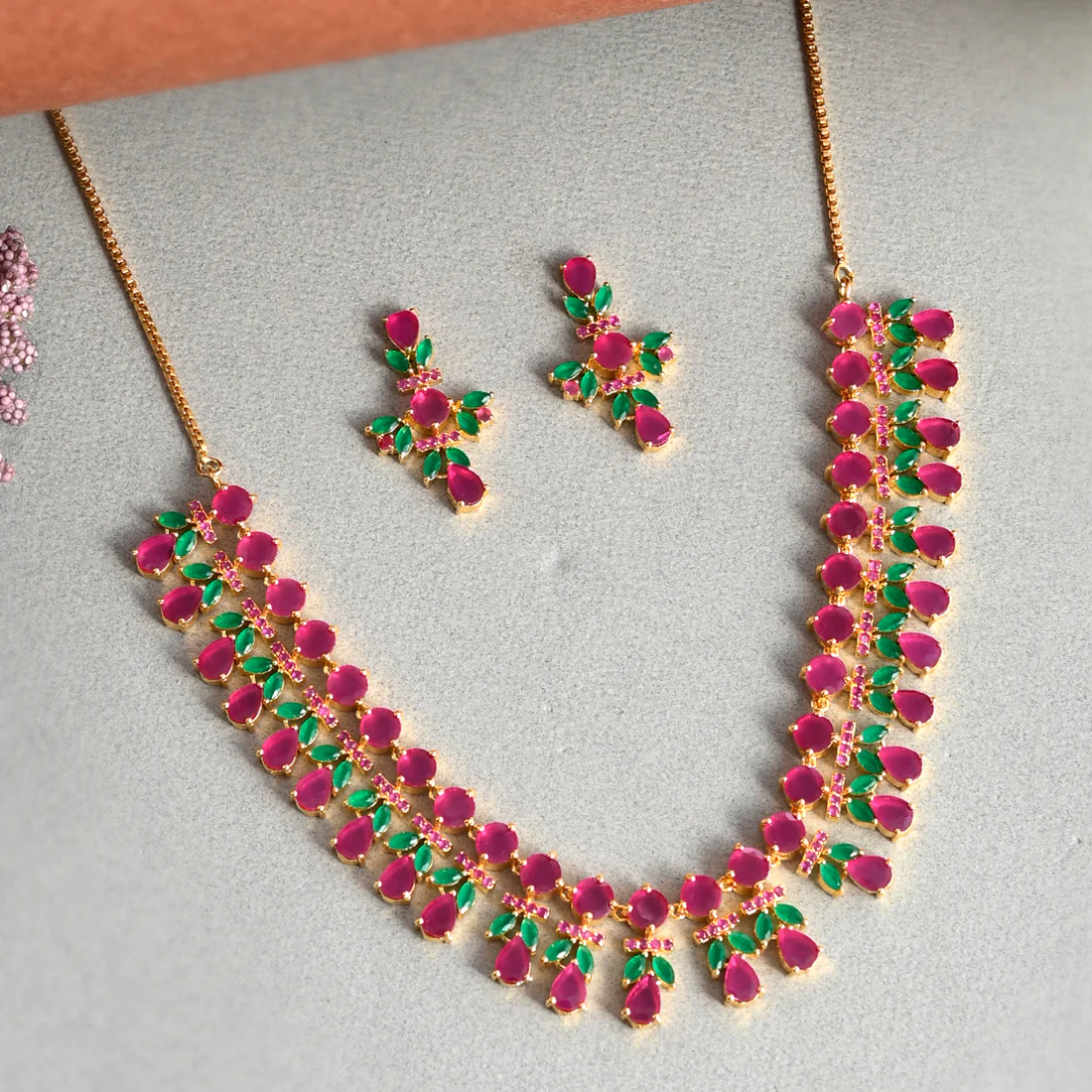 Sparkling Essentials Pink and Green Zircons Gems Jewellery Set