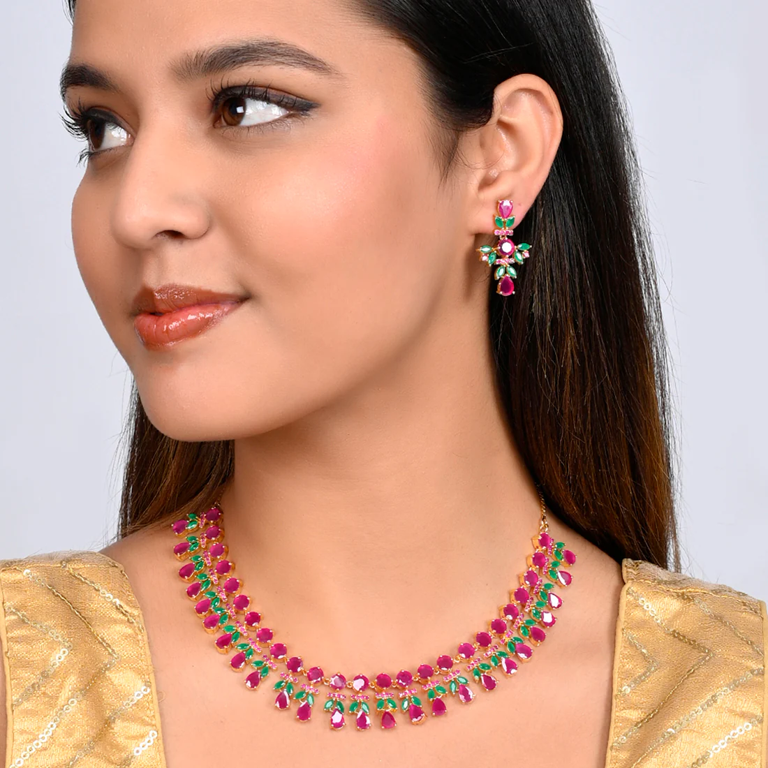 Sparkling Essentials Pink and Green Zircons Gems Jewellery Set - Image 2