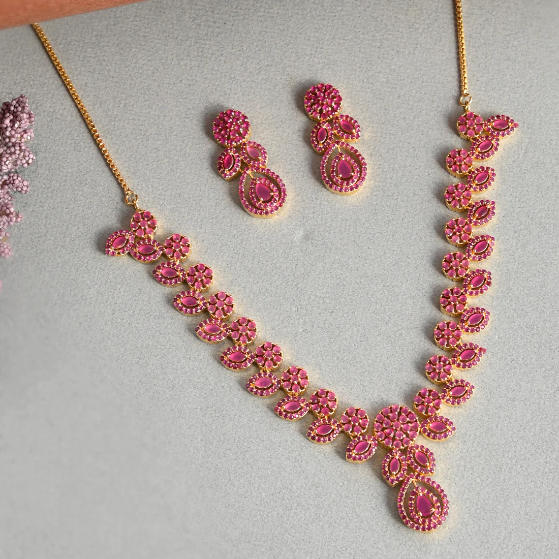 Sparkling Essentials Pink Round Cut Zircons Cutwork Jewellery Set