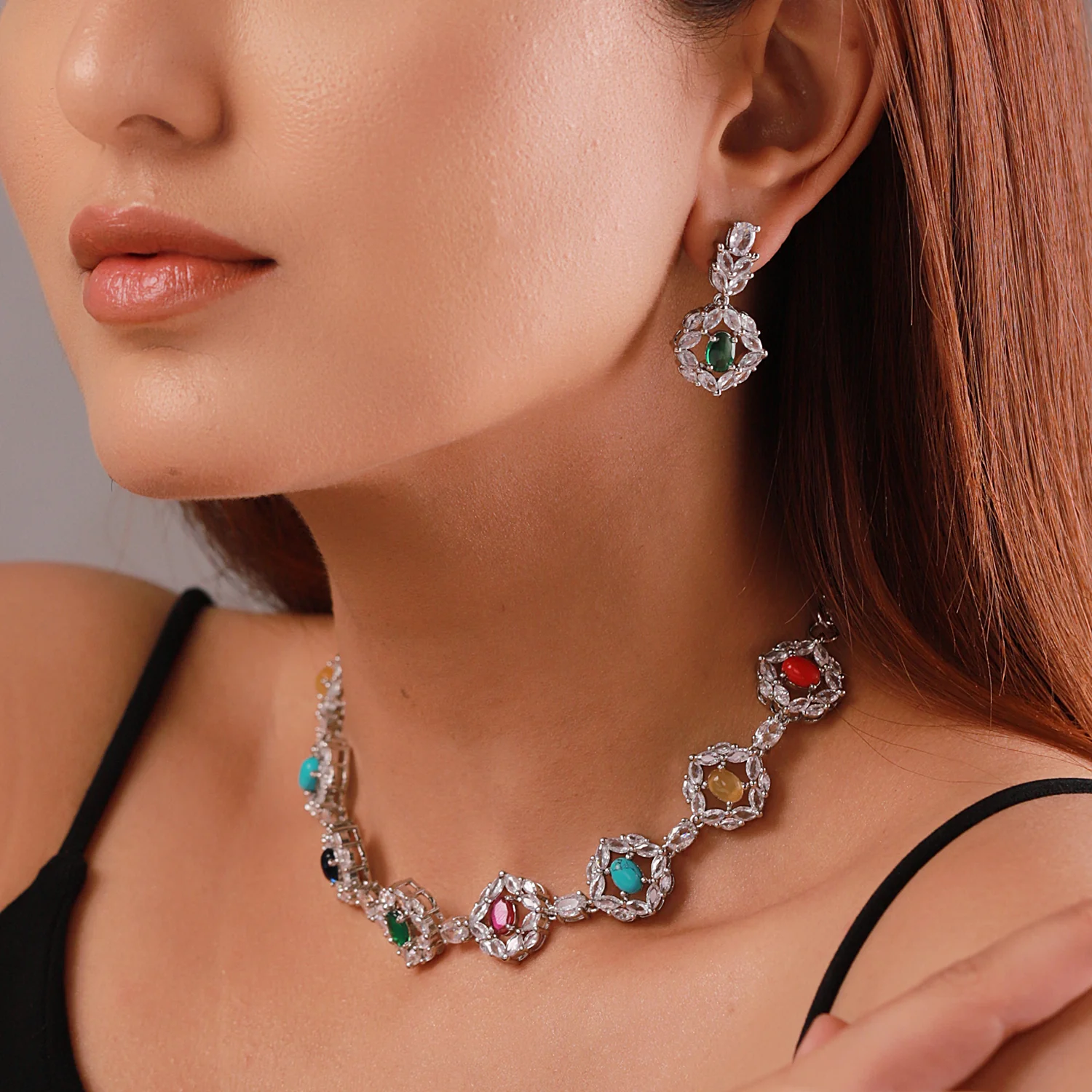 Sparkling Essentials Prismara Multicolor American Diamond Necklace Set - Image 2