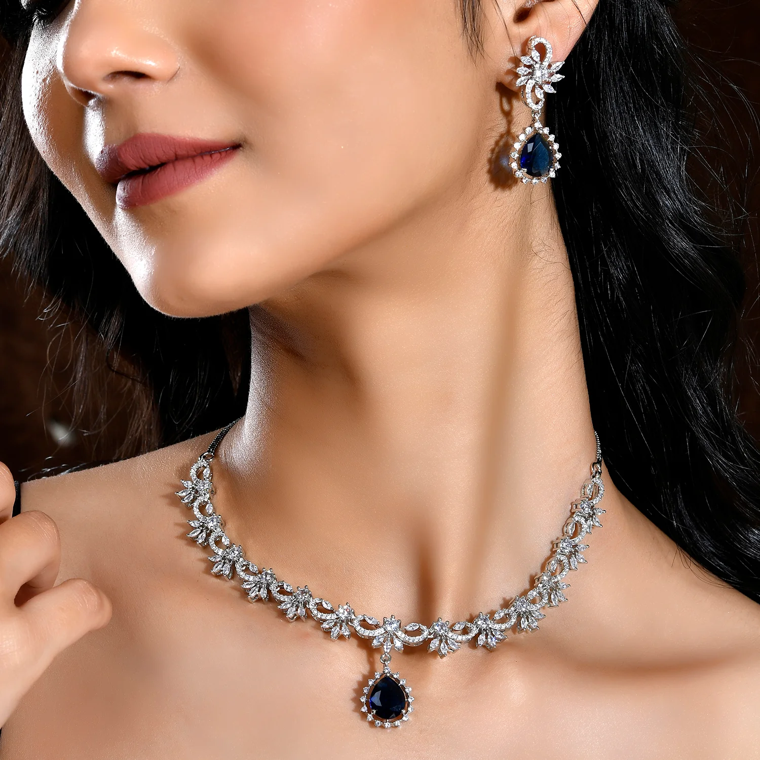 Sparkling Essentials Sapphire Blossom American Diamond Necklace Set - Image 2