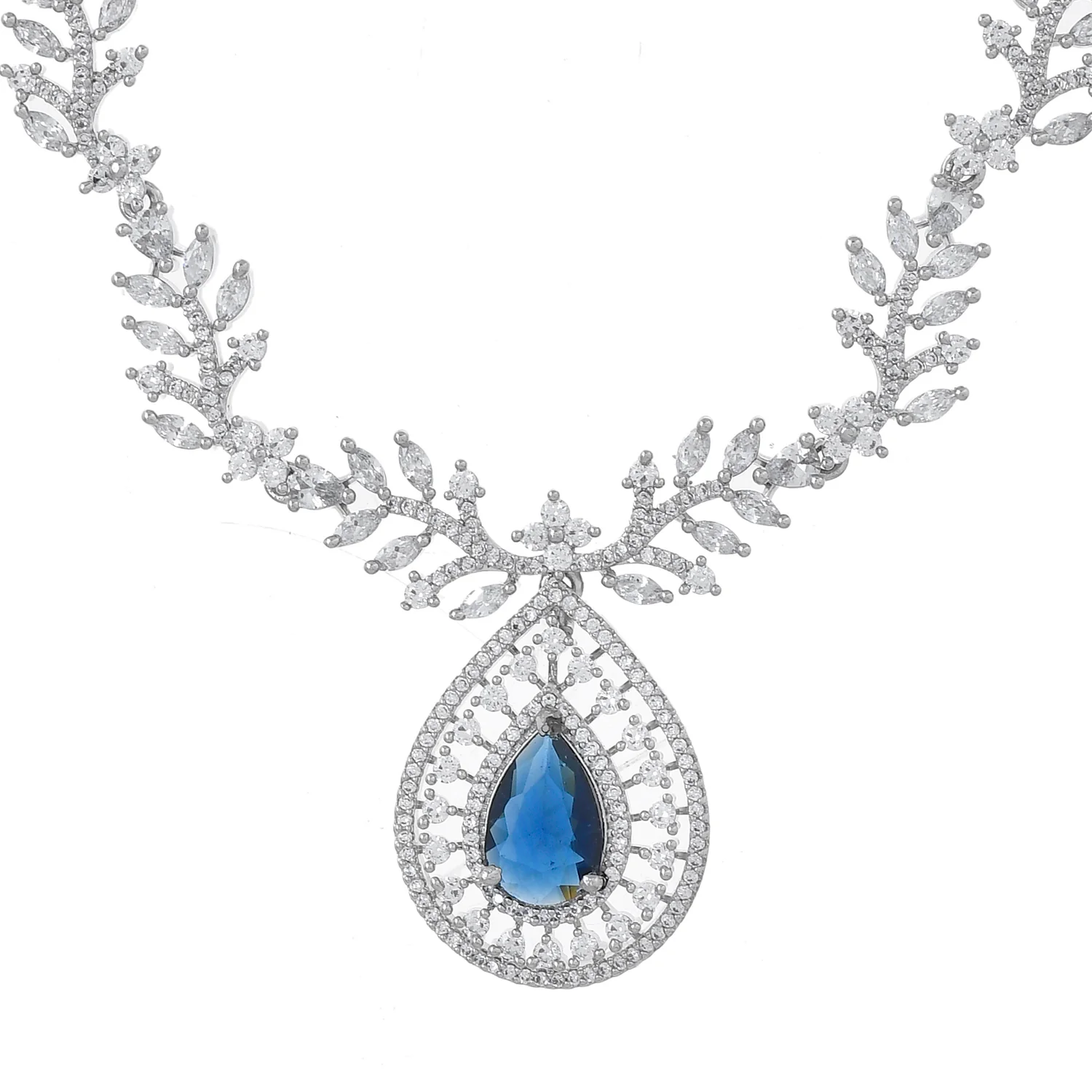 Sparkling Essentials Sapphire LeafyAmerican Diamond Necklace Set - Image 5